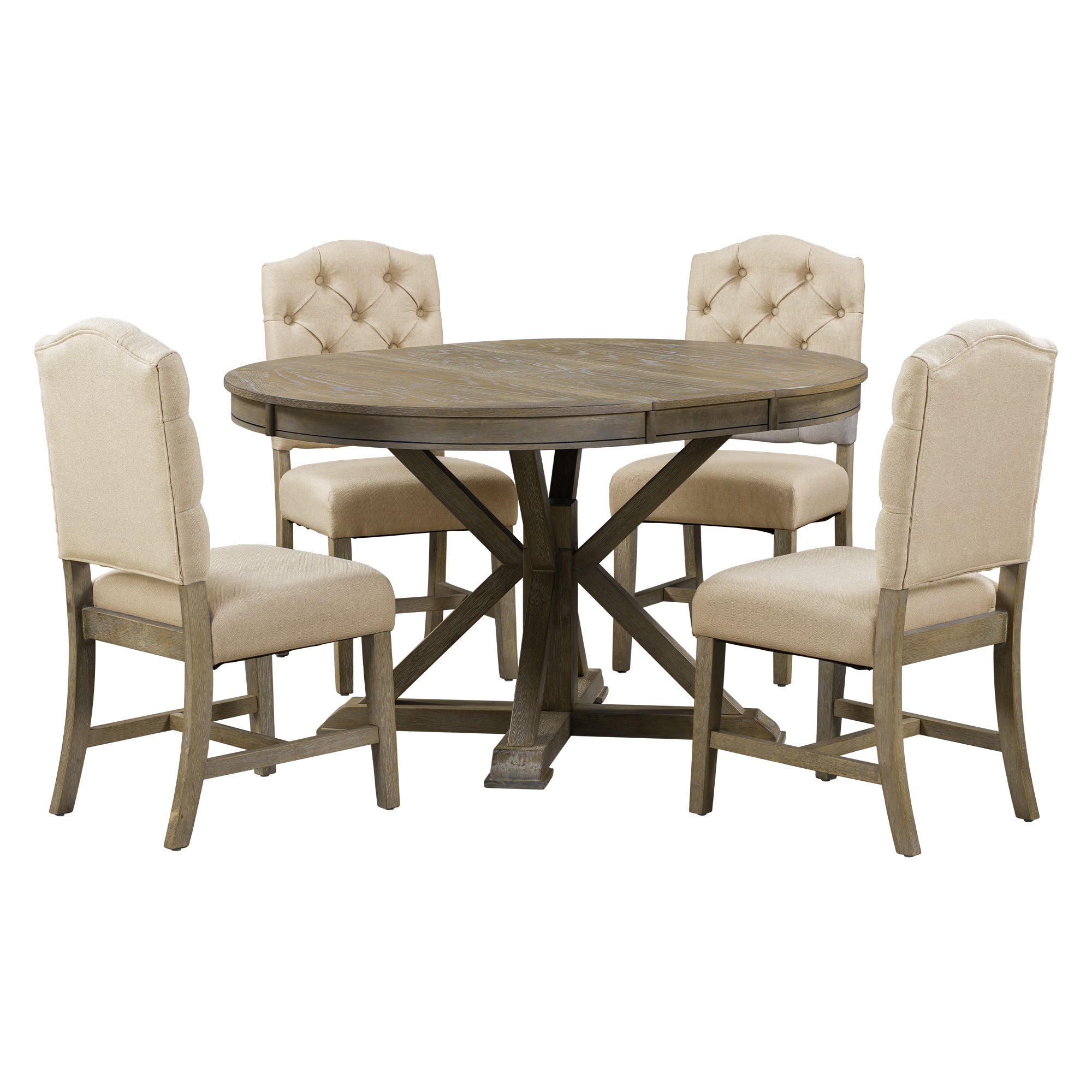 Retro Style Dining Table Set with Extendable Table and 4 Upholstered Chairs- Natural Wood Wash