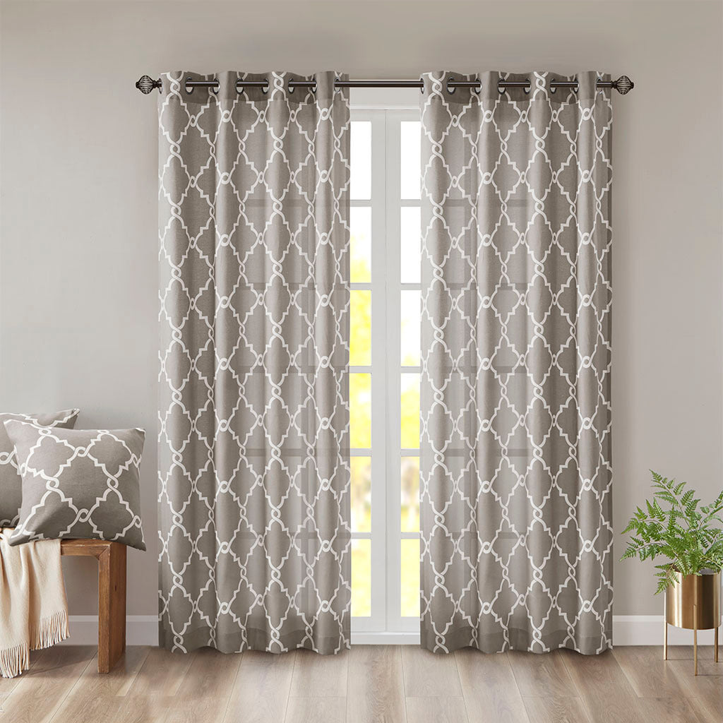 Fretwork Print Grommet Top Window Curtain Panel - Grey+White