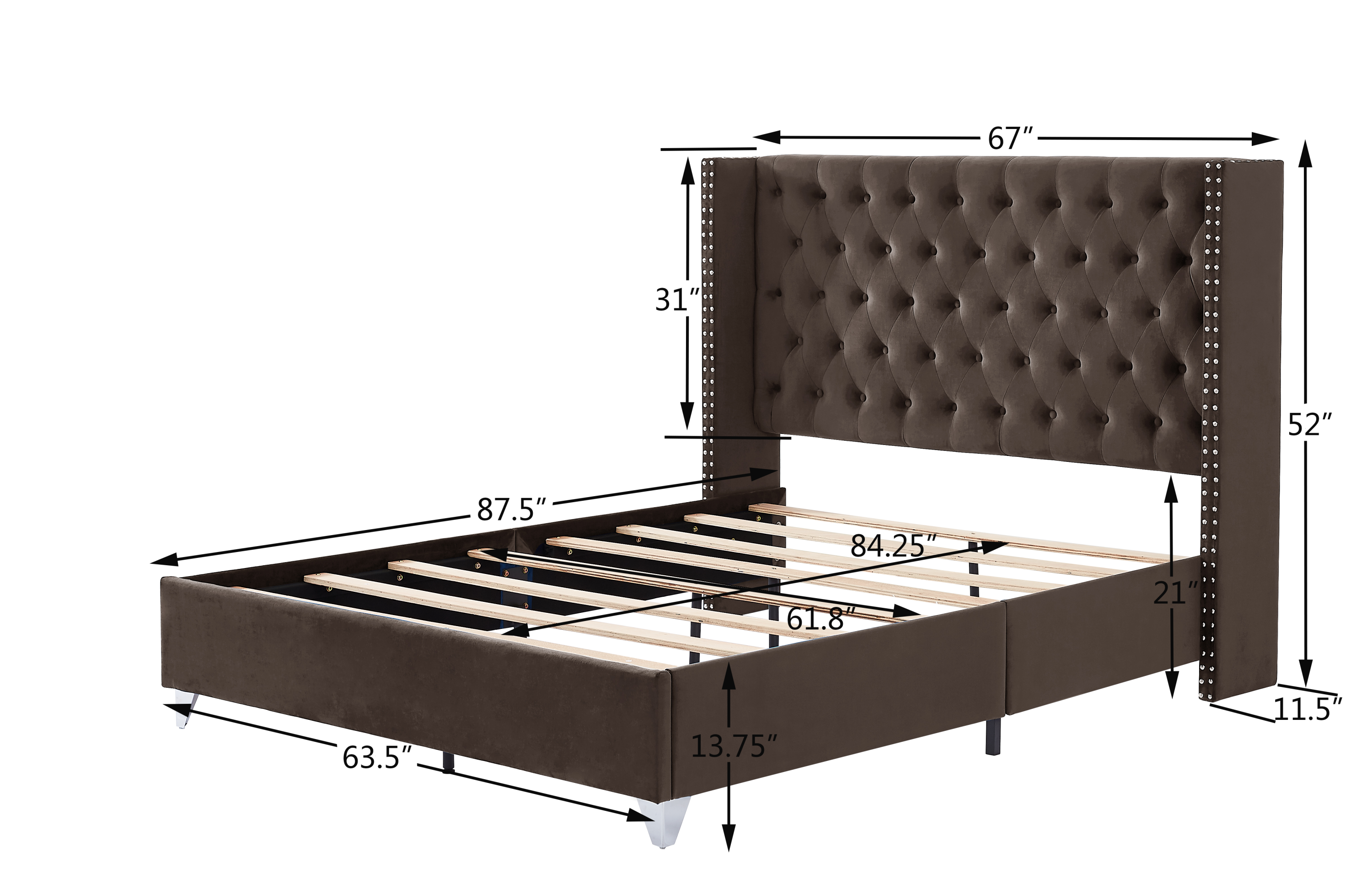 Queen Bed - Button designed Headboard - Brown