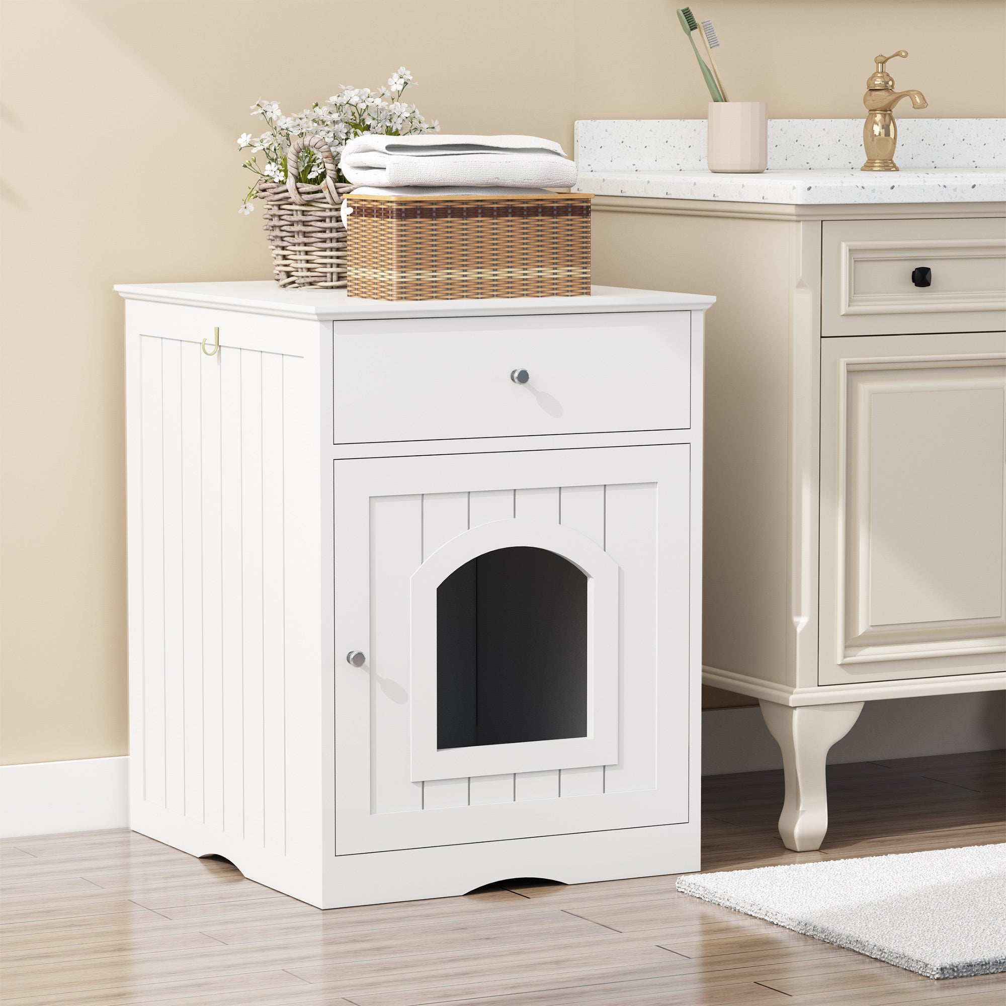 Cat Home Litter Nightstand with Drawer - White