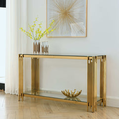 Modern Glass Console Table with Sturdy Metal Frame and Clear Tempered Glass Top - Gold Finish