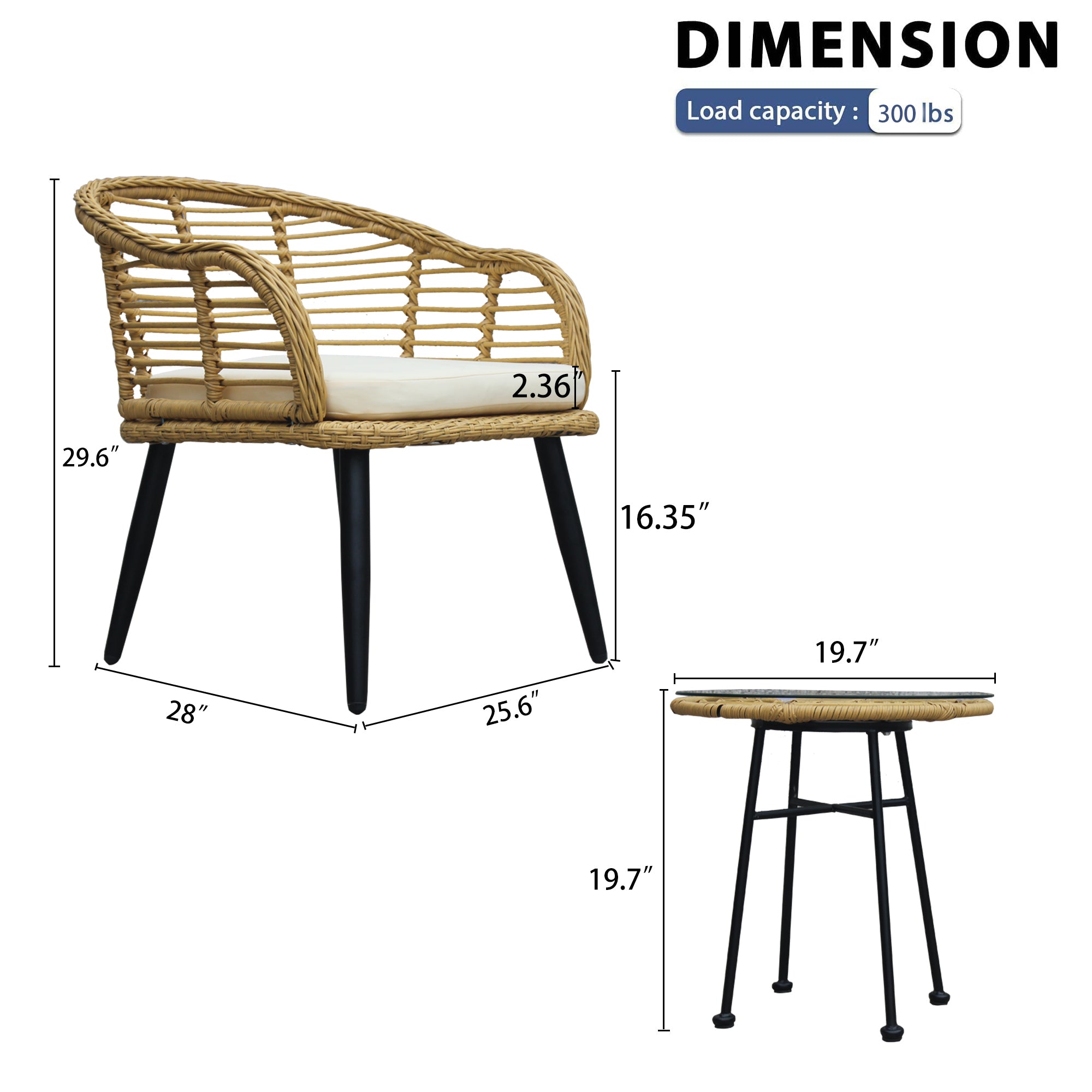 MAICOSY 3 Pieces Outdoor Patio Balcony Chair Table Set, Cushion, Glass Tabletop