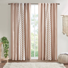 Cotton Printed Curtain Panel with Chenille Stripe and Lining - Blush Beige