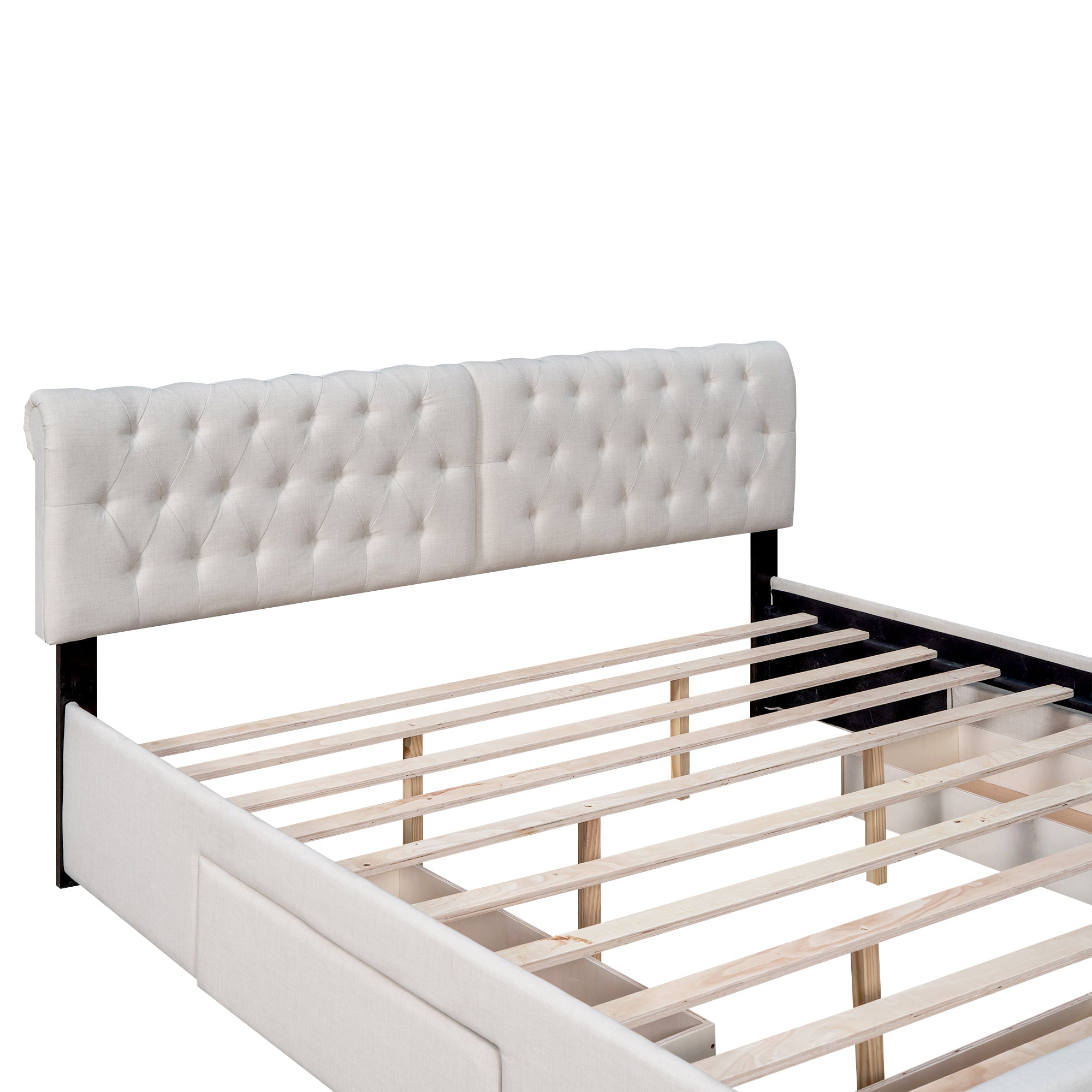 King Size Upholstery Platform Bed with Four Drawers - Beige