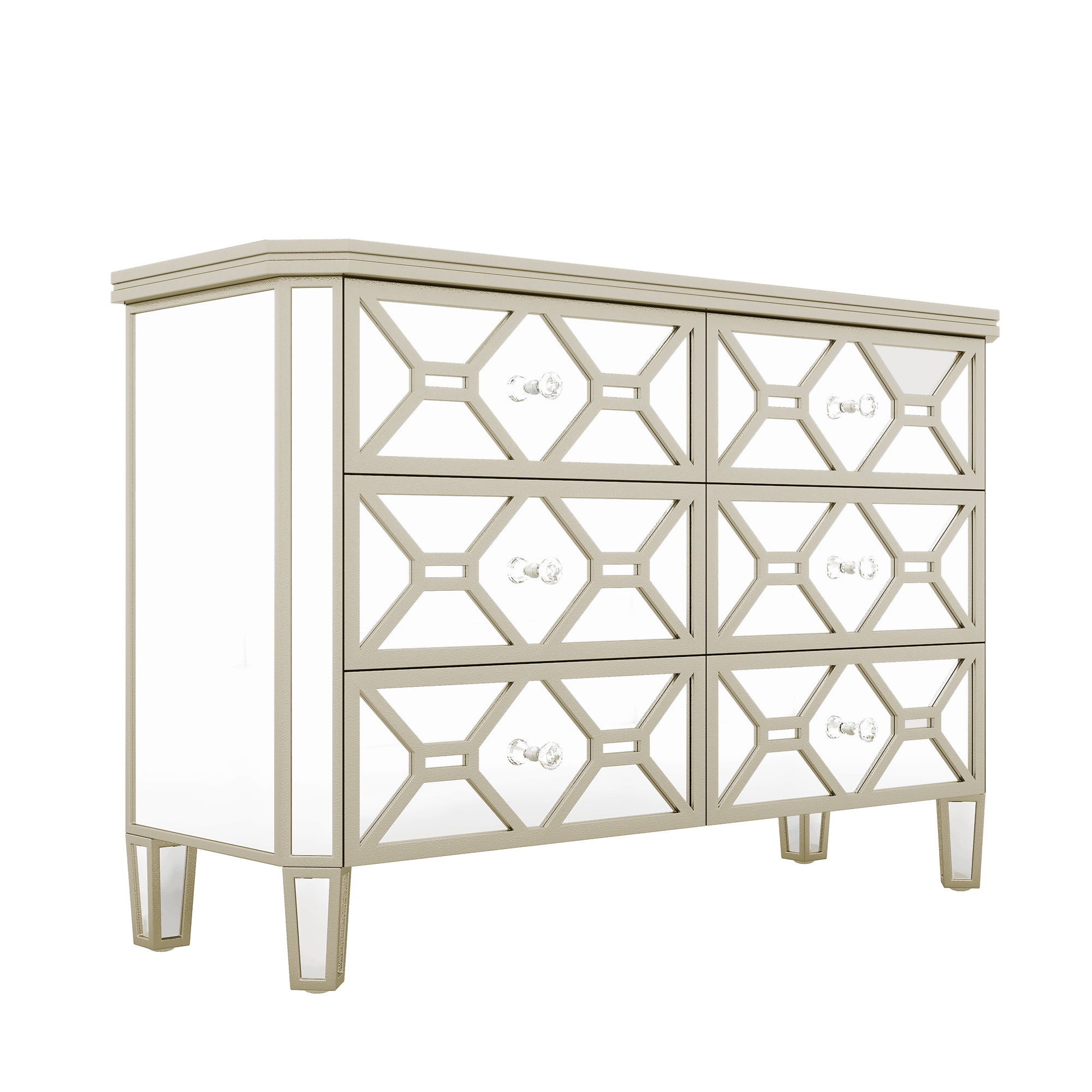 Elegant Mirrored 6-Drawer Dresser with Golden Lines Storage Cabinet