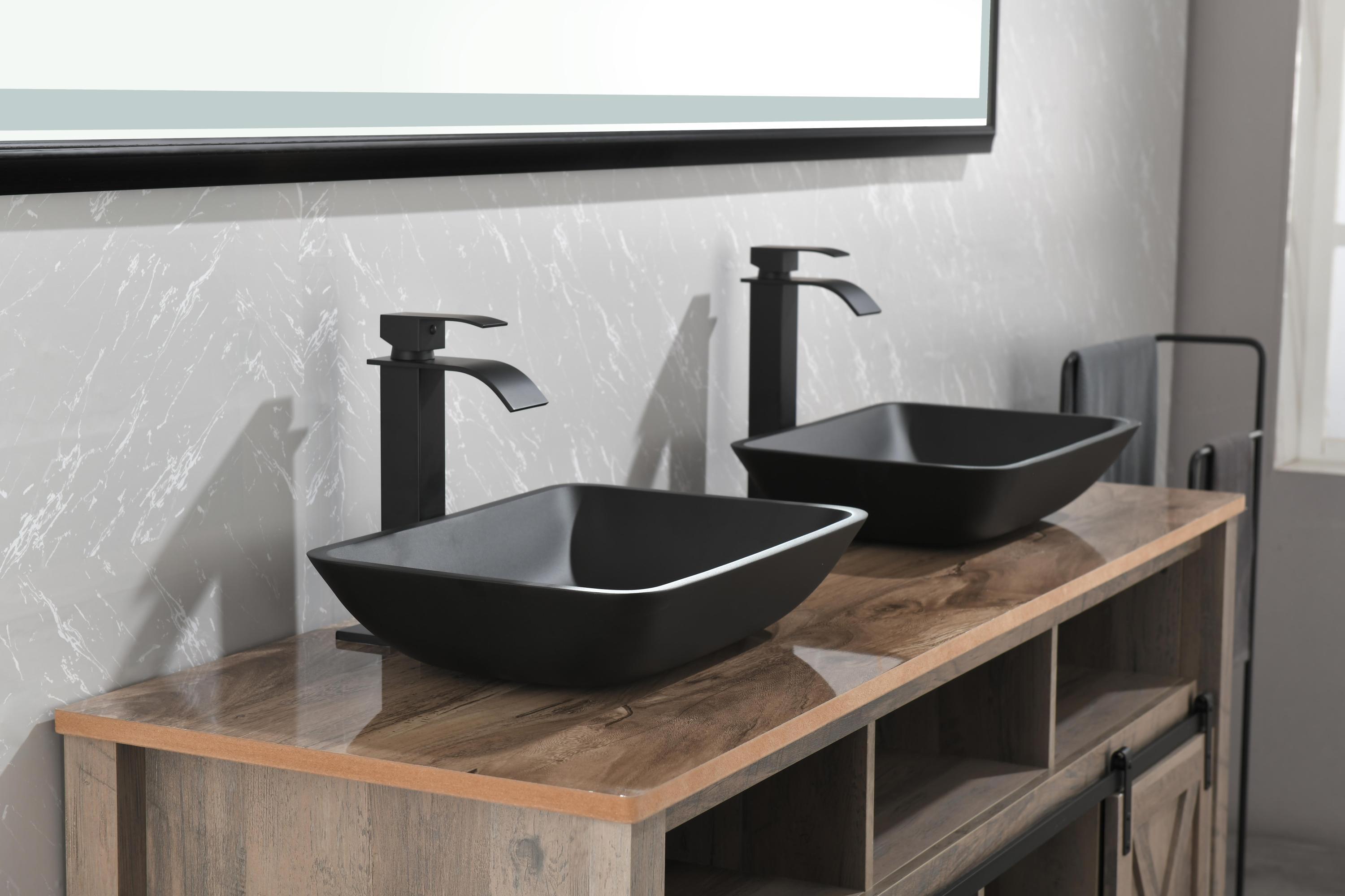 Matte Shell Glass Rectangular Vessel Bathroom Sink in Black with Matte Black Faucet and Pop-Up Drain in Matte Black 13.0" L -18.13" W -4" H