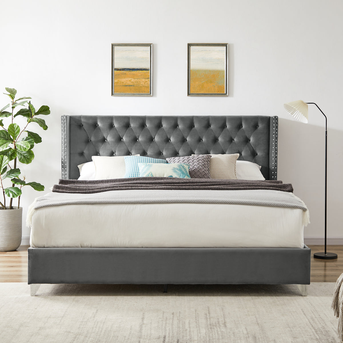 King bed, Button designed Headboard - Gray