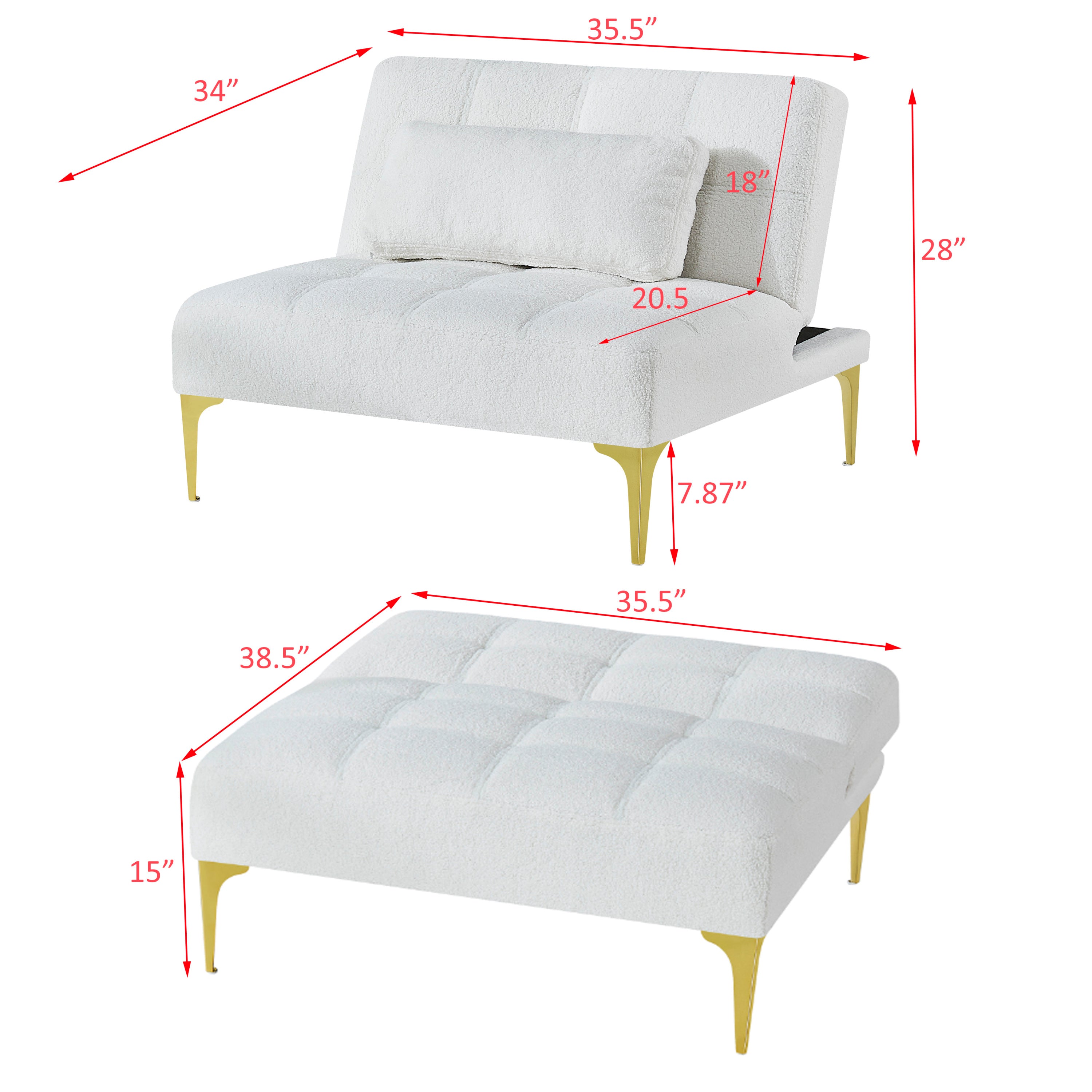 Convertible sofa bed futon with gold metal legs teddy fabric - White