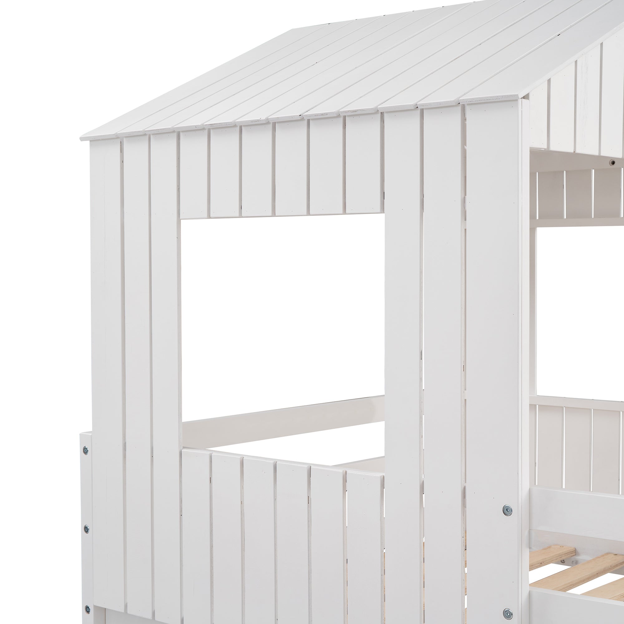 Farmhouse Wooden Twin Over Full Bunk Bed, Loft Bed with Playhouse - White