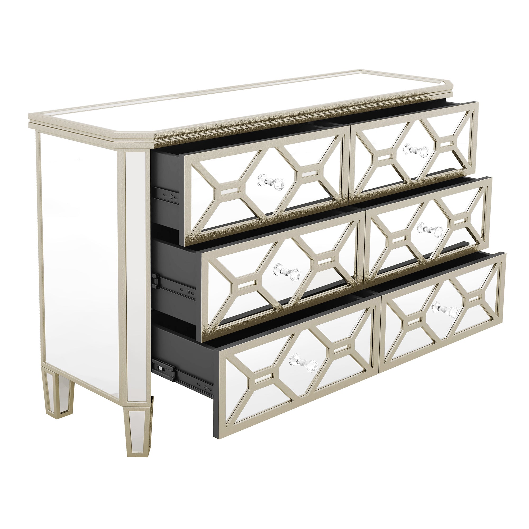 Elegant Mirrored 6-Drawer Dresser with Golden Lines Storage Cabinet