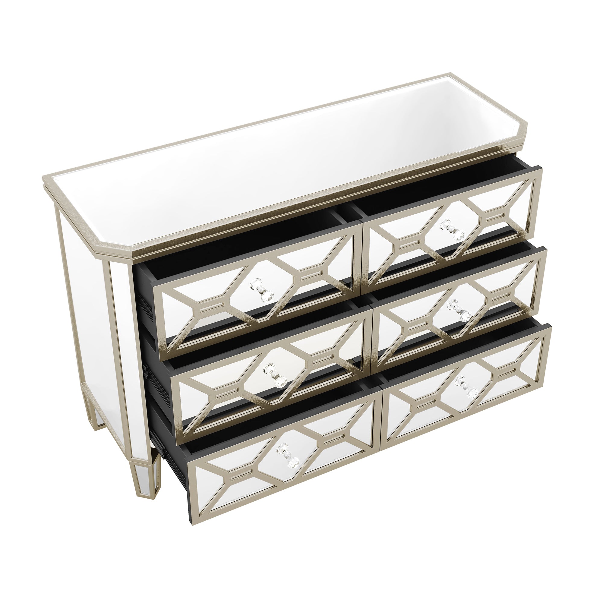 Elegant Mirrored 6-Drawer Dresser with Golden Lines Storage Cabinet