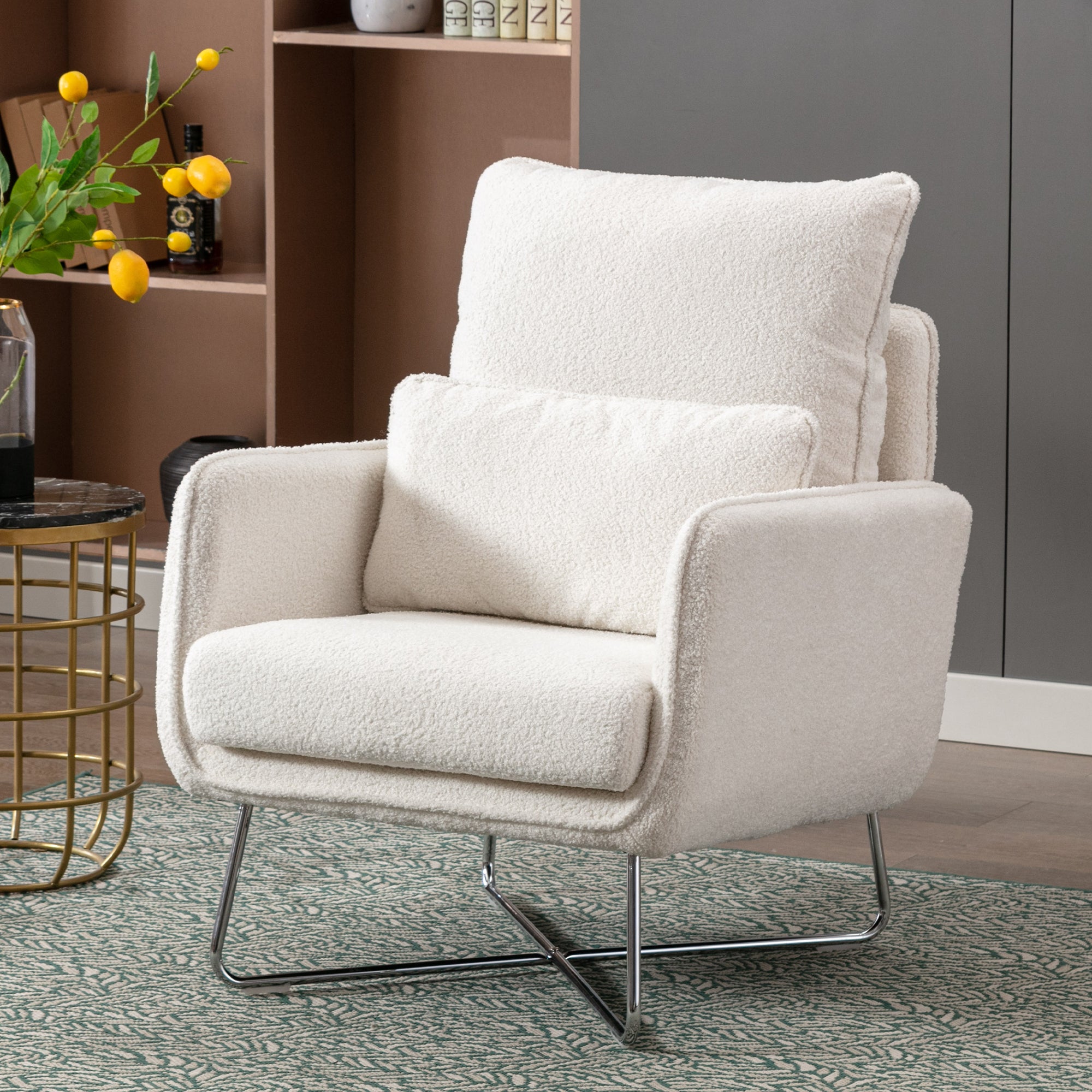 Modern Comfy Leisure Accent Chair, Teddy Short Velvet Armchair with Lumbar Pillow - Cream White