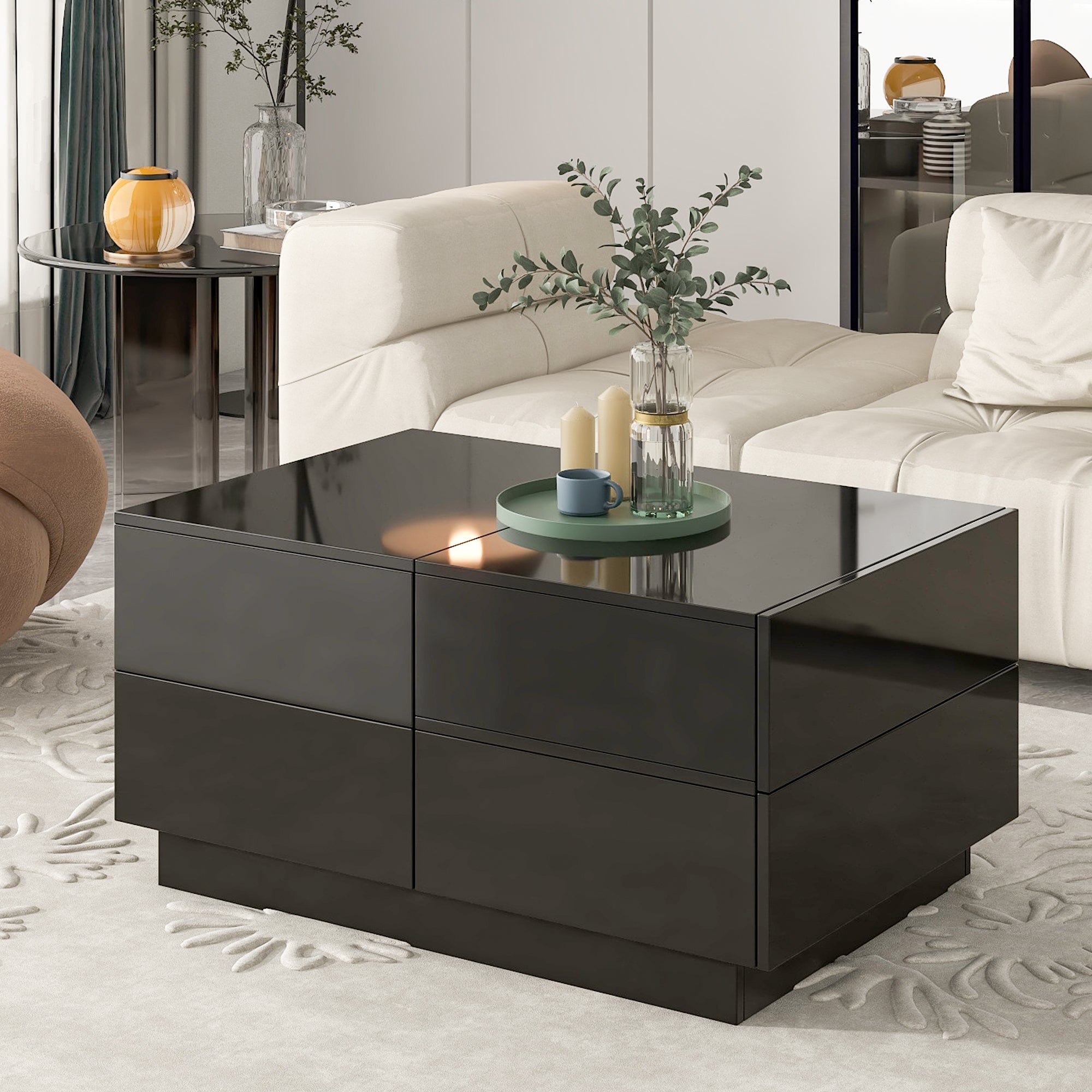 Extendable Coffee Table with Hidden Storage Compartment, UV High-gloss Center Table with Sliding Top - Black