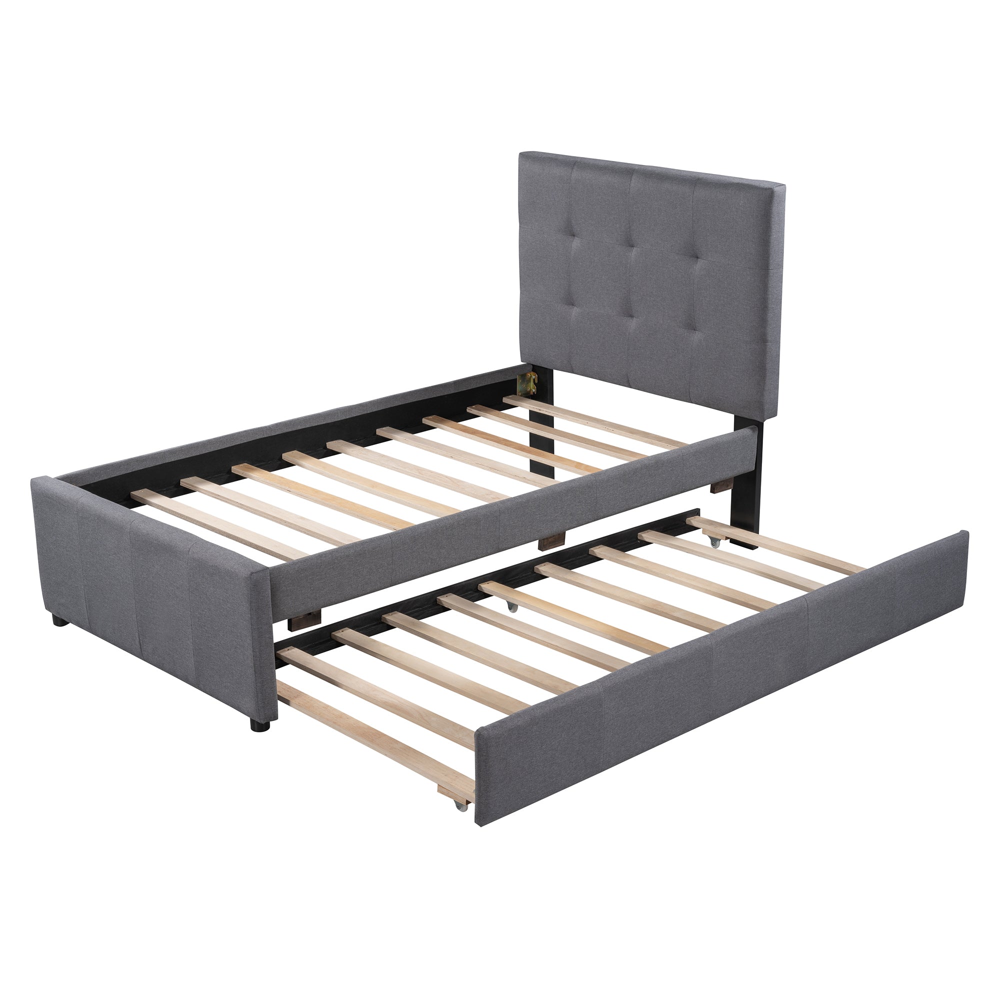 Twin Size Linen Upholstered Platform Bed With Headboard and Trundle - Grey