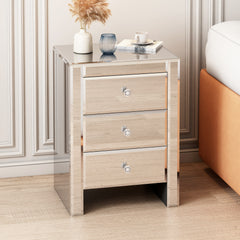 Modern Mirrored Nightstand with Drawers - Silver Glass