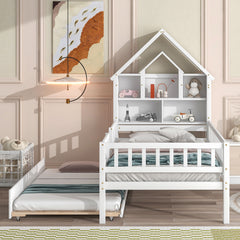 Twin Size DollHouse-Shaped Headboard with Fence Guardrails and Trundle - White