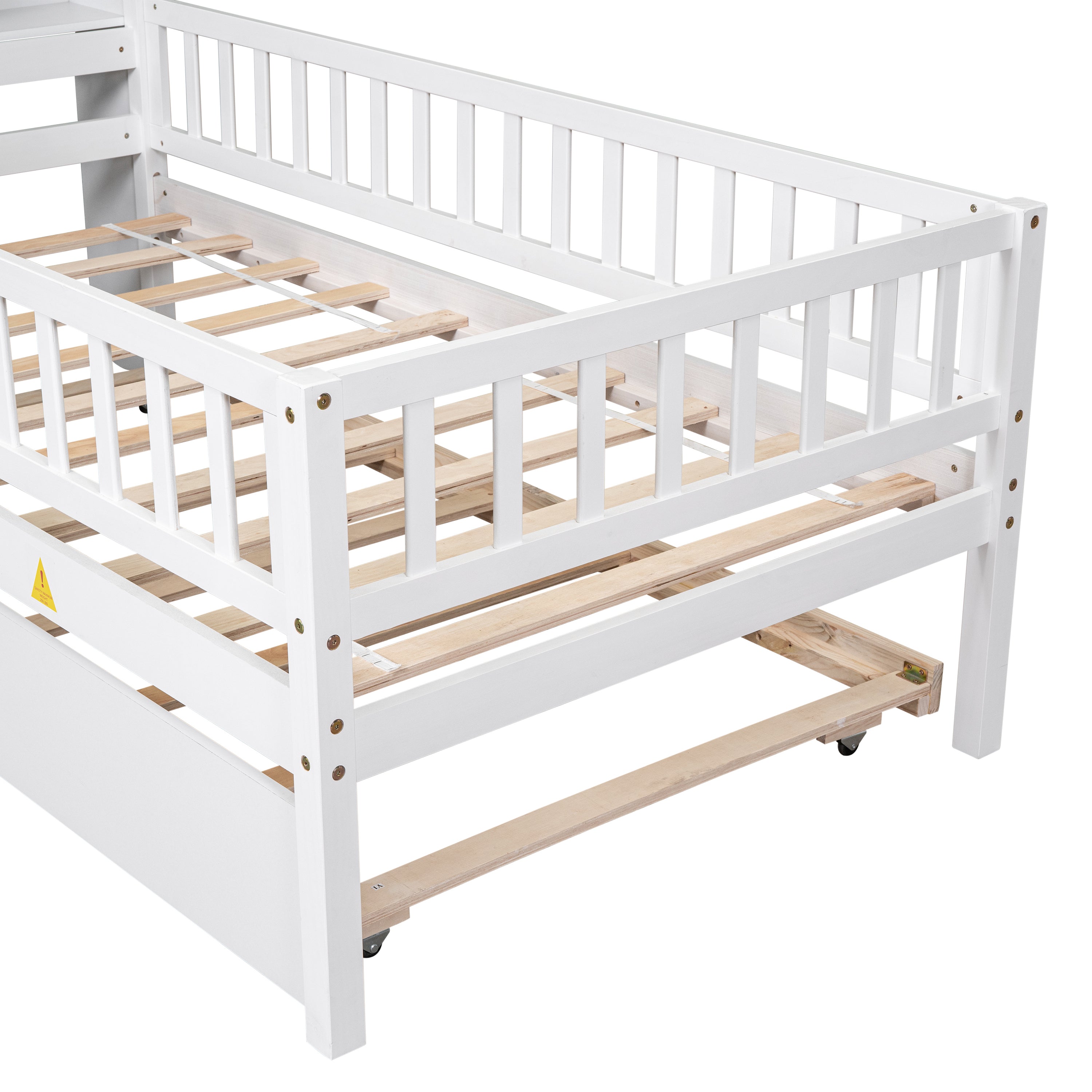 Twin Size DollHouse-Shaped Headboard with Fence Guardrails and Trundle - White