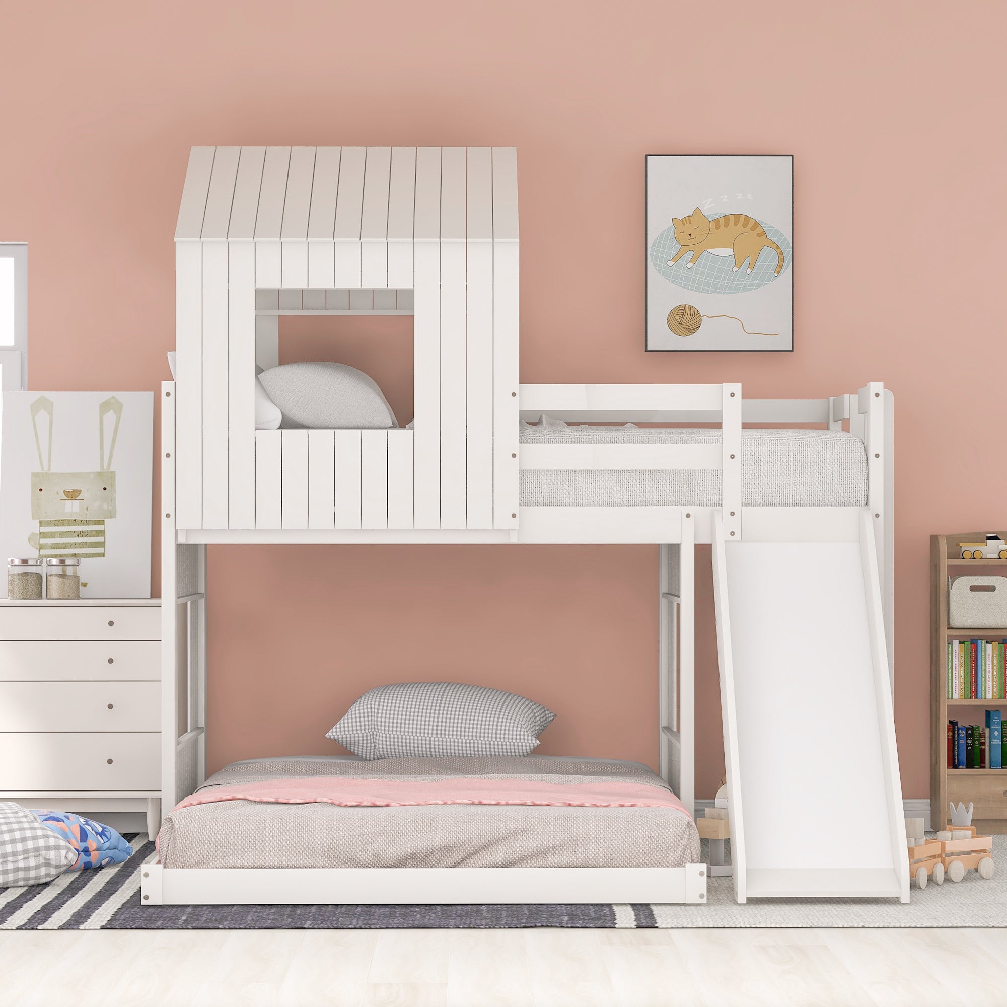 Farmhouse Wooden Twin Over Full Bunk Bed, Loft Bed with Playhouse - White