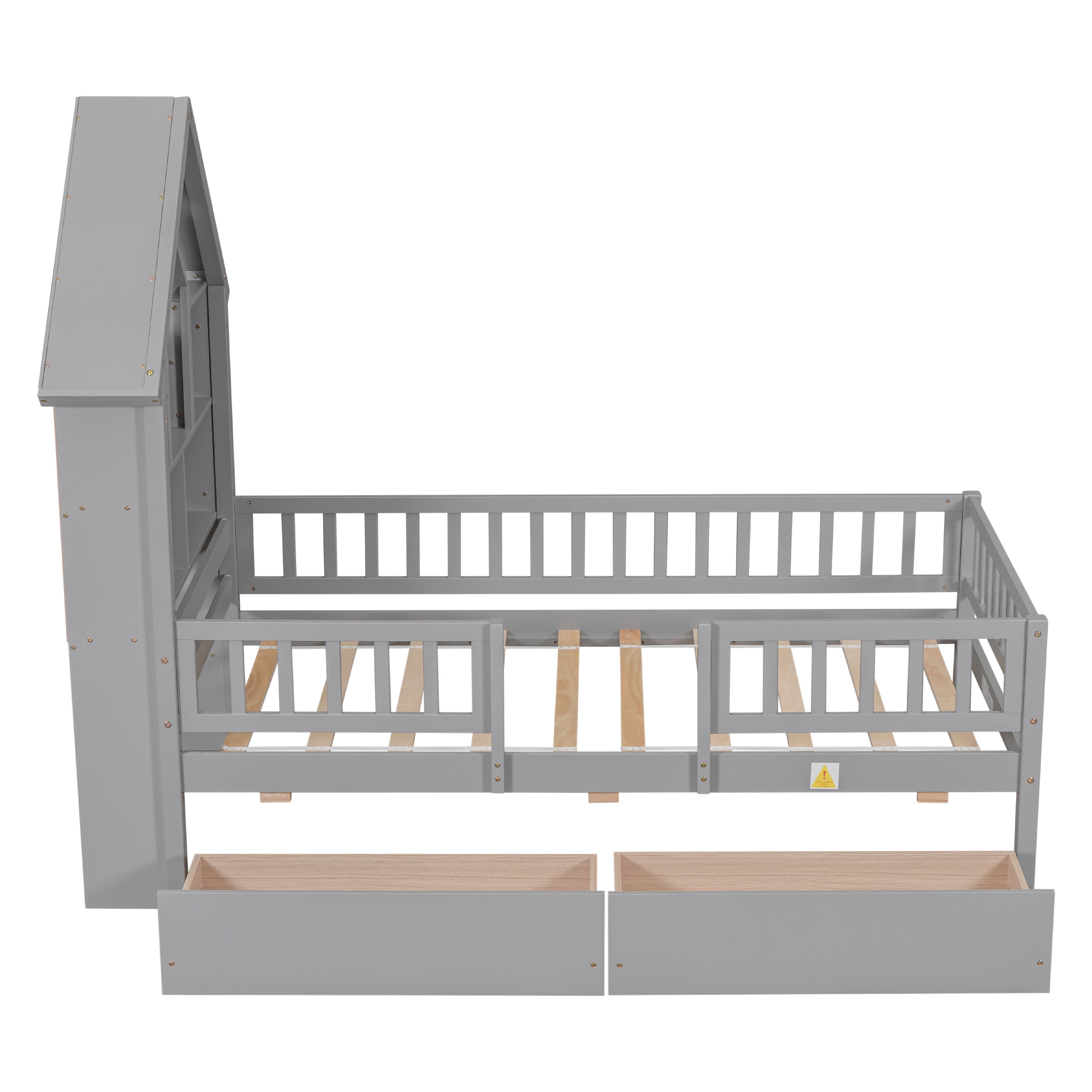 Twin Size DollHouse-Shaped Headboard with Fence Guardrails and Trundle - Gray