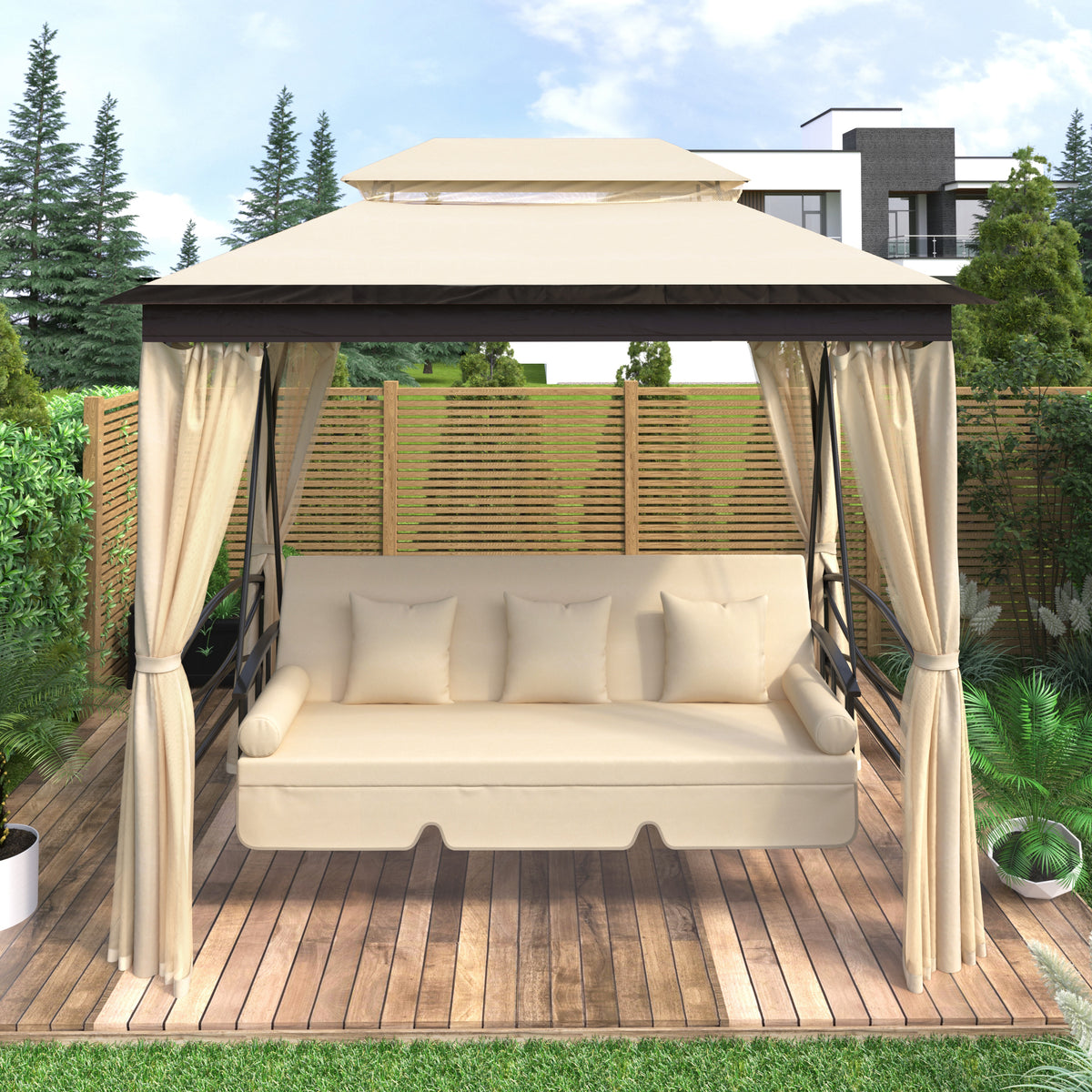 8.9 Ft. W x 5.9 Ft. D Outdoor Gazebo with Convertible Swing Bench, Double Roof Soft Canopy Garden Backyard Gazebo with Mosquito Netting Suitable for Lawn, Garden, Backyard