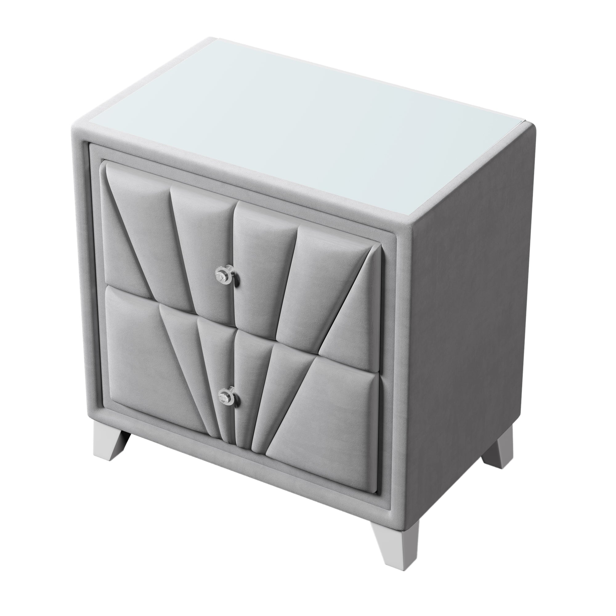 Contemporary Velvet Upholstered Glass Top Nightstand End table with 2 Drawers - Gray