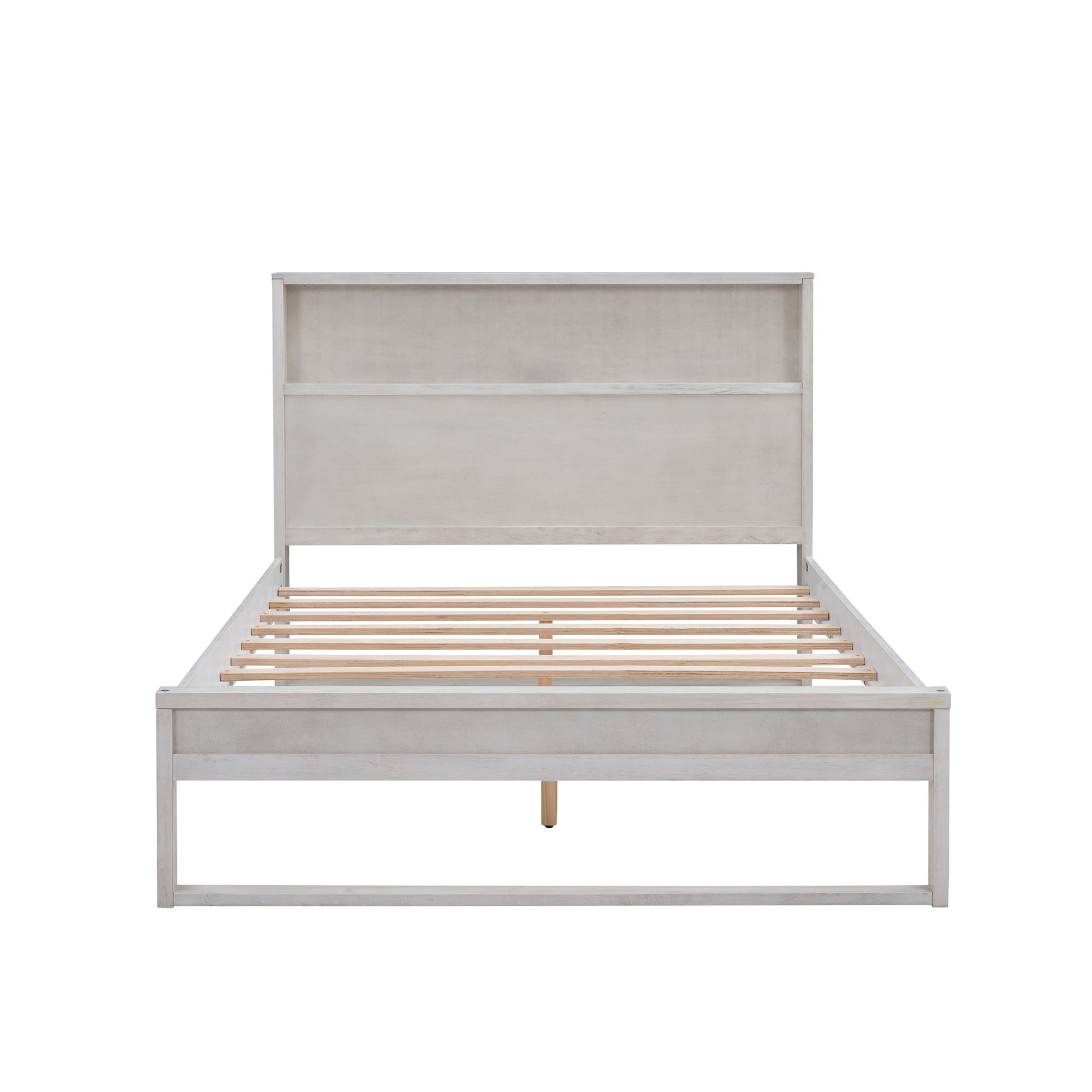 Full Size Platform Bed with Storage Headboard, Sockets and USB Ports - Antique White