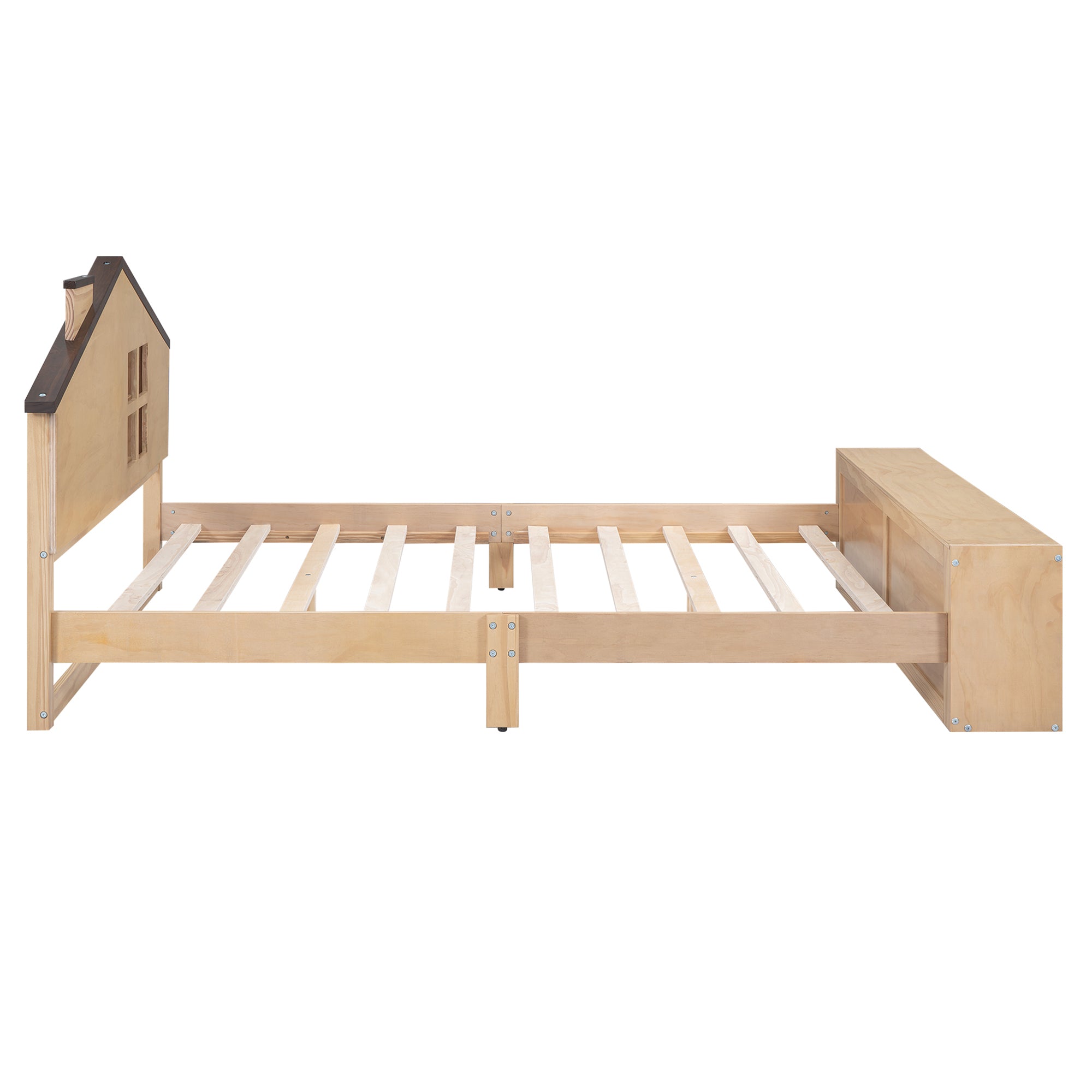 Full Size House Platform Bed with LED Lights and Storage - Wood Color