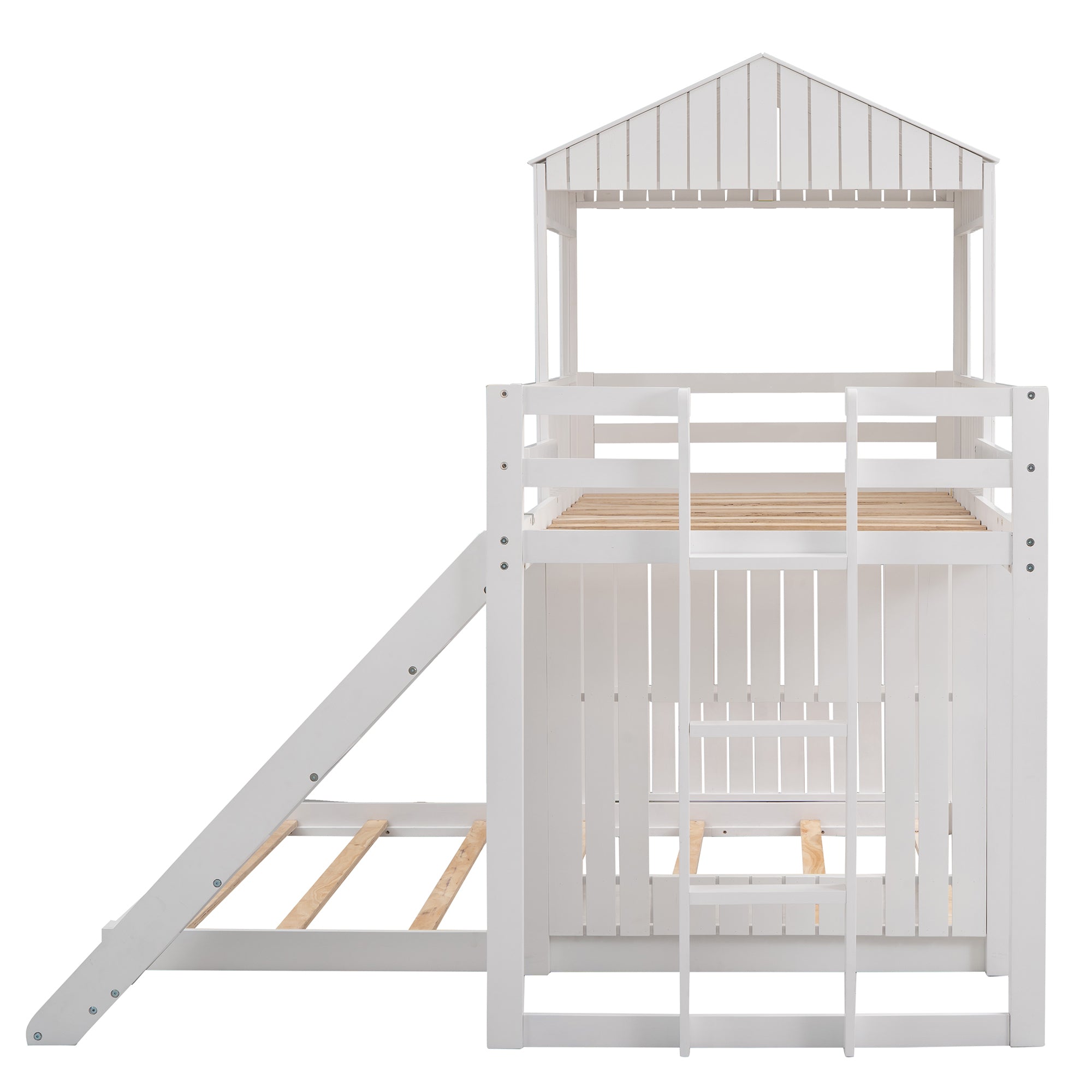 Farmhouse Wooden Twin Over Full Bunk Bed, Loft Bed with Playhouse - White