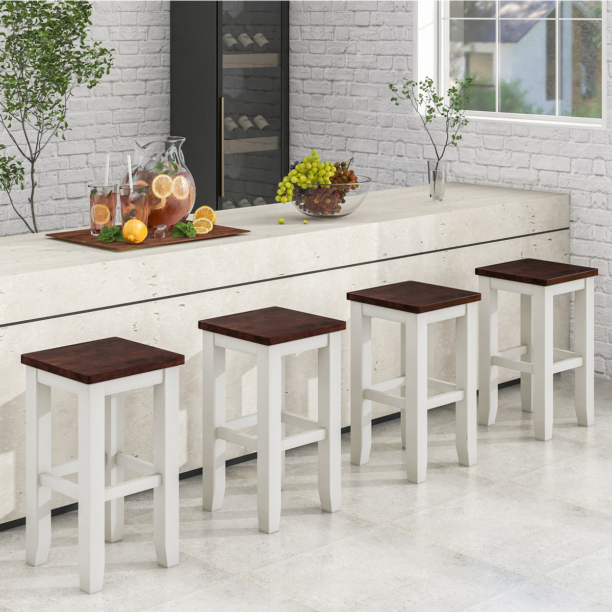 Farmhouse Counter Height Dining Stools with Footrest (Set of 4) - White