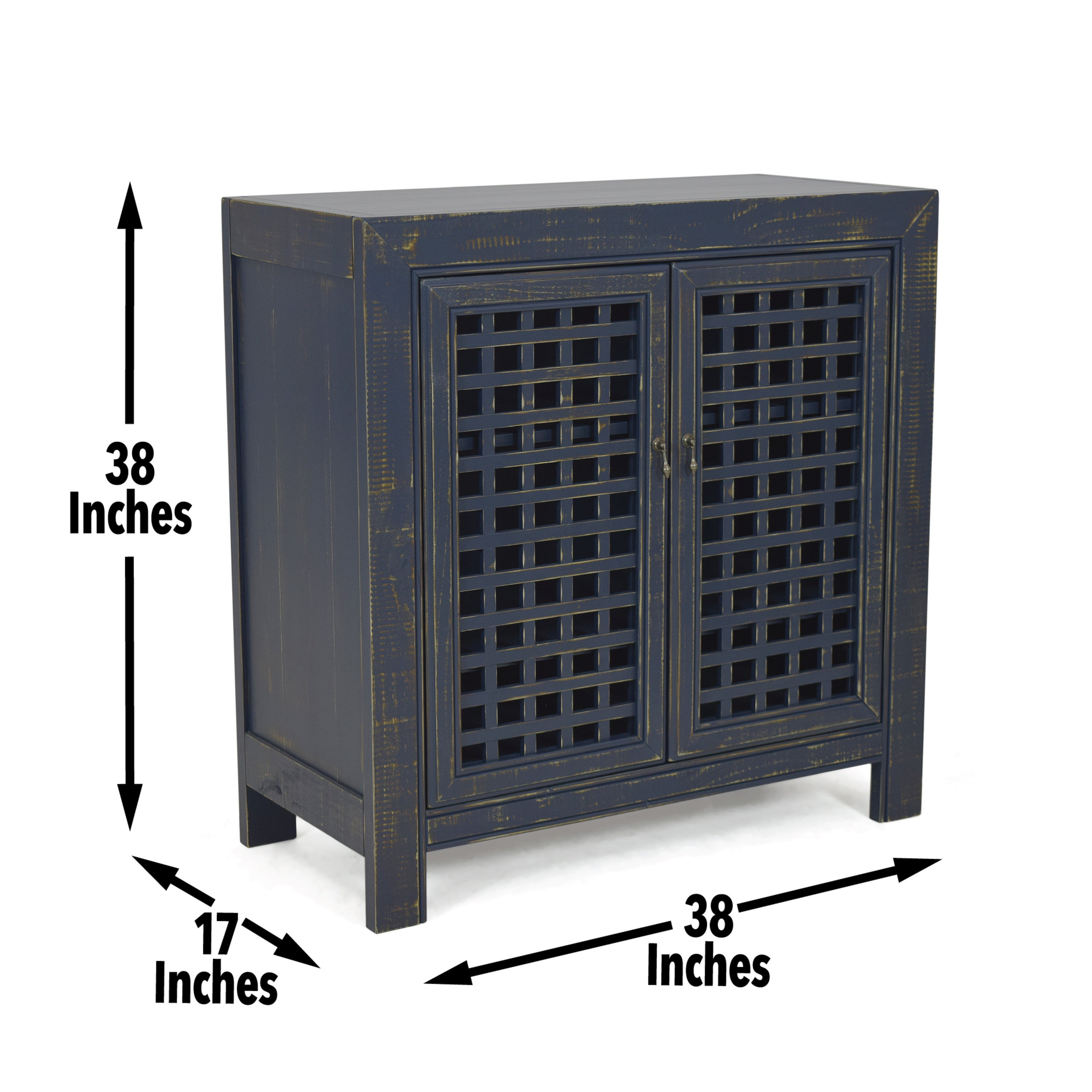 Farmhouse Style Accent Cabinet, Lattice Work Front - Distressed Navy Finish