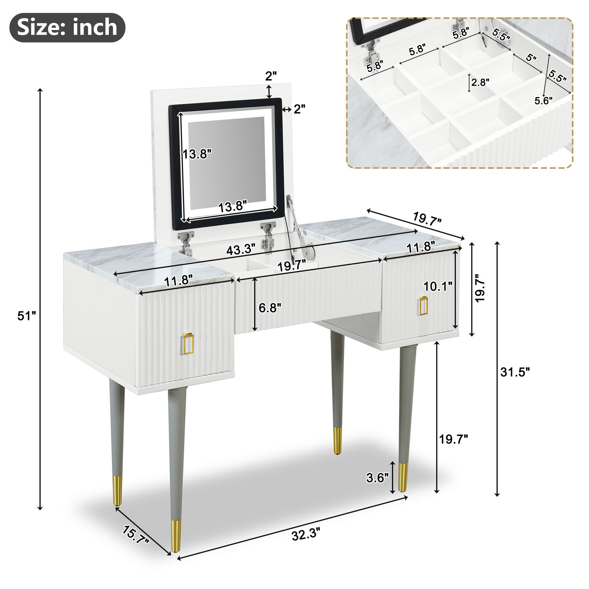 43.3" Modern Vanity Table Set with Flip-top Mirror and LED Light - White and Gray