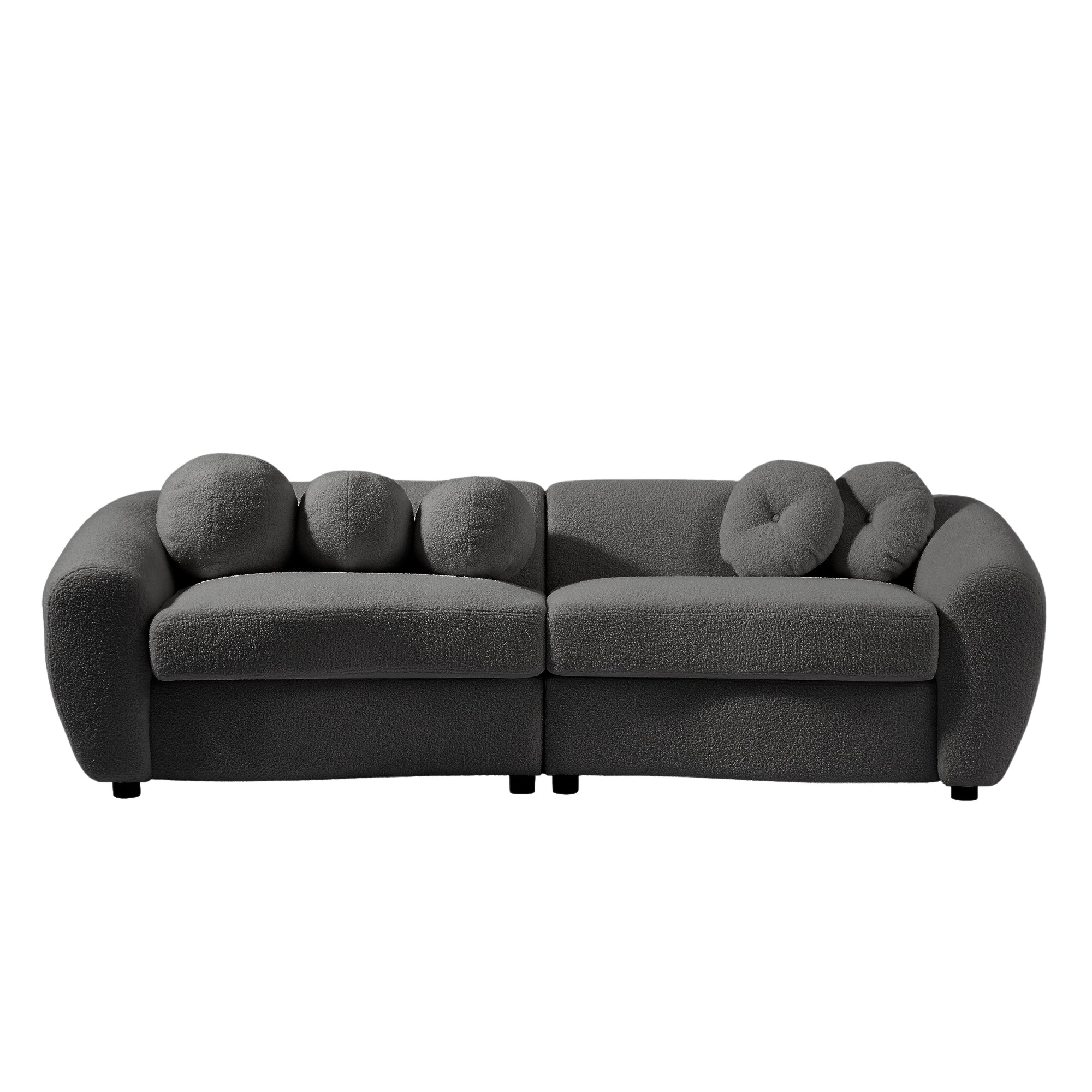 87.7" Modern Curved Sofa, Back Upholstered Couch with 5 Decorative Throw Pillows, Teddy Grey