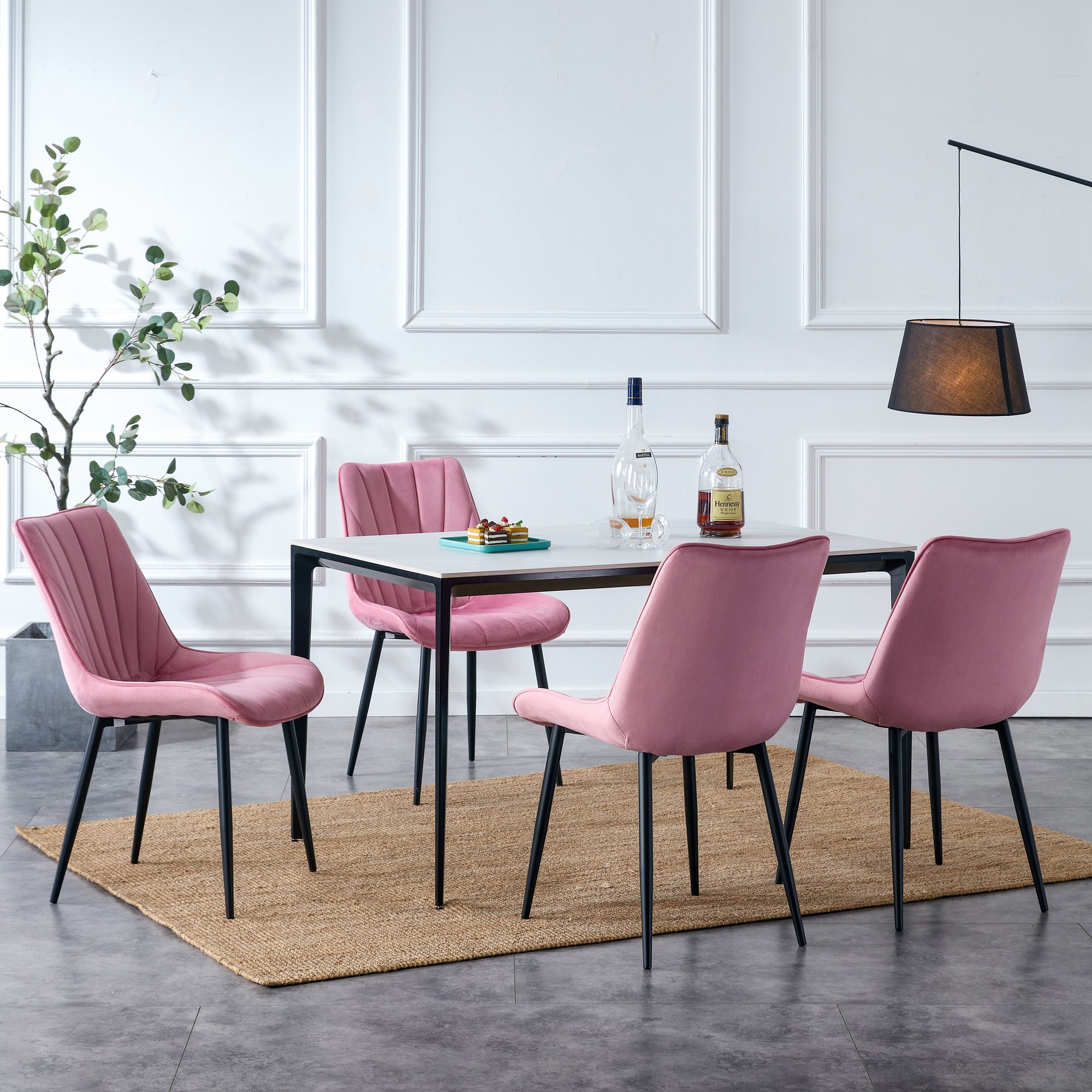 Modern Velvet Dining Chairs with Cushion Seat Back Black Coated Legs Upholstered (Set of 4) - Pink