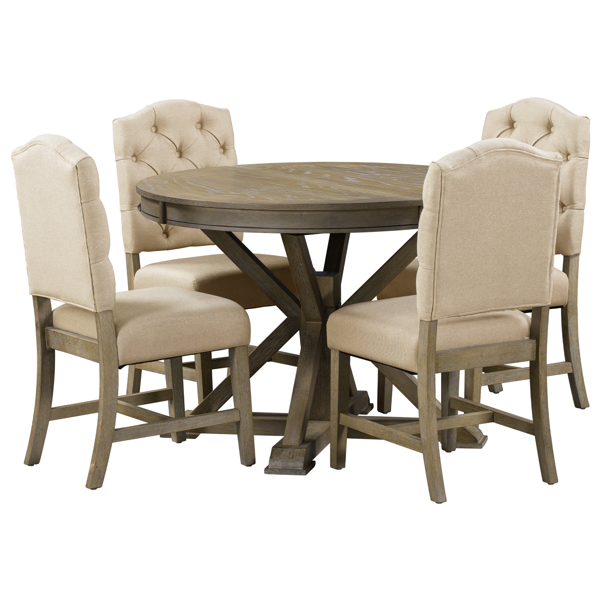 Retro Style Dining Table Set with Extendable Table and 4 Upholstered Chairs- Natural Wood Wash