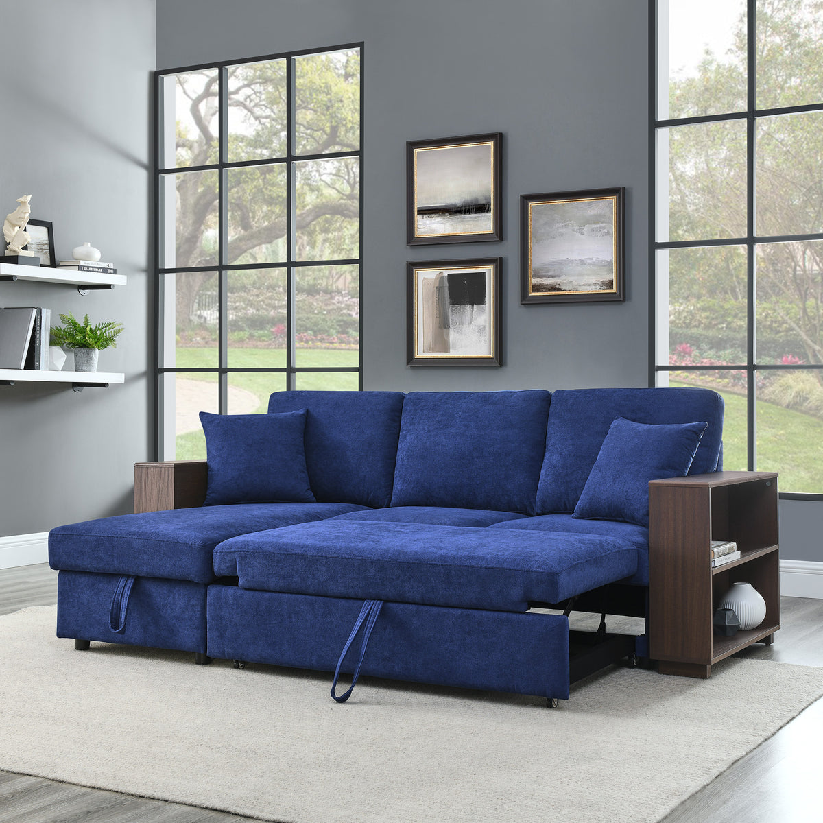 MAICOSY 88" Sleeper Sofa and Reversible Chaise Storage & Two Pillows, Navy Blue