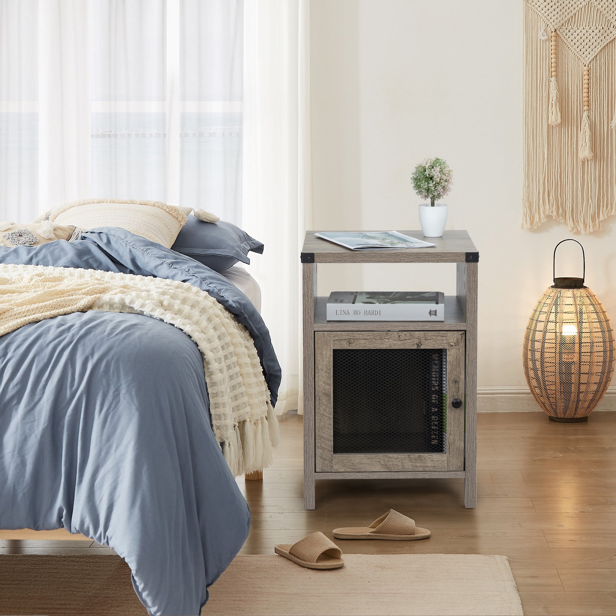 Farmhouse Nightstand with Power Outlets, USB Ports - Retro Gray