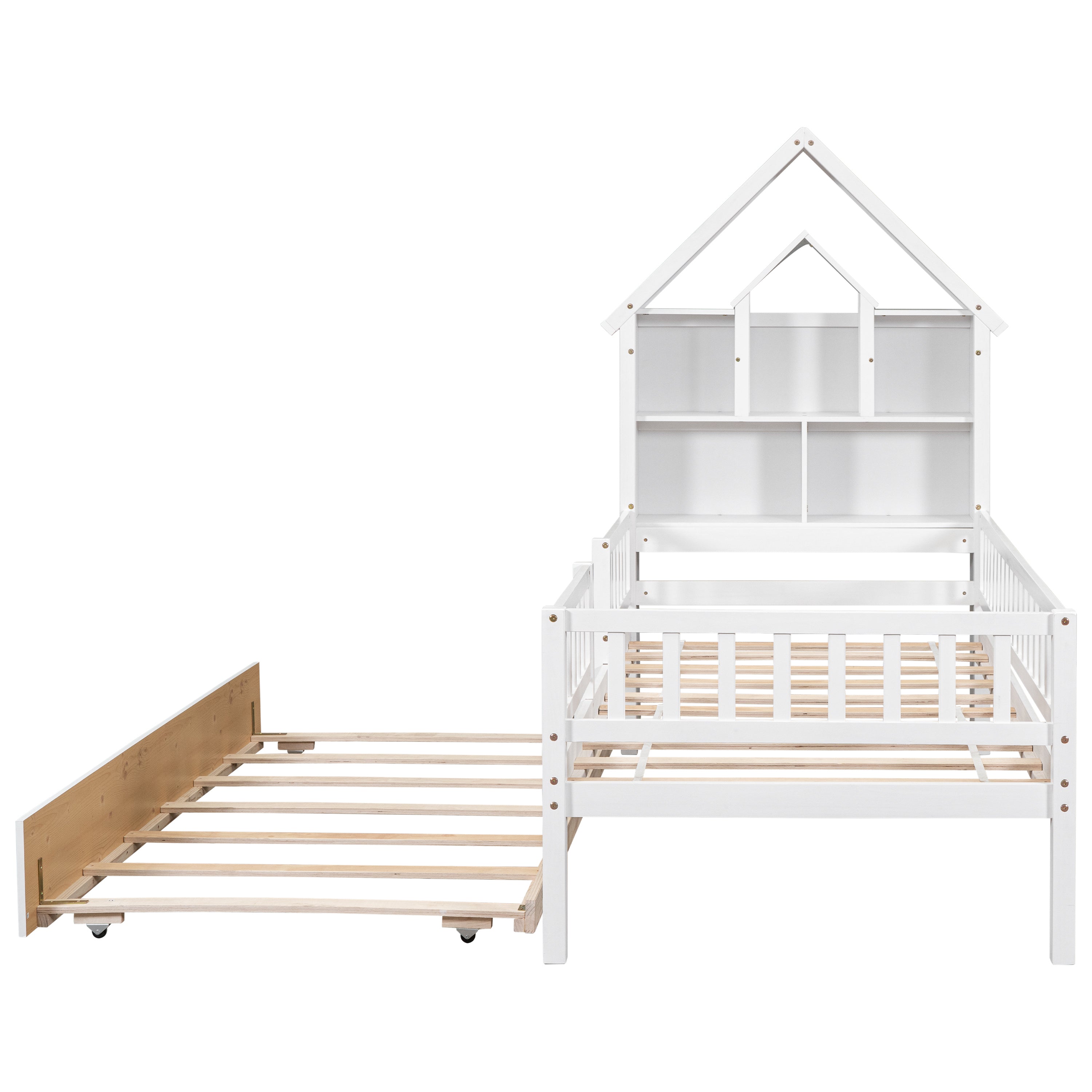 Twin Size DollHouse-Shaped Headboard with Fence Guardrails and Trundle - White