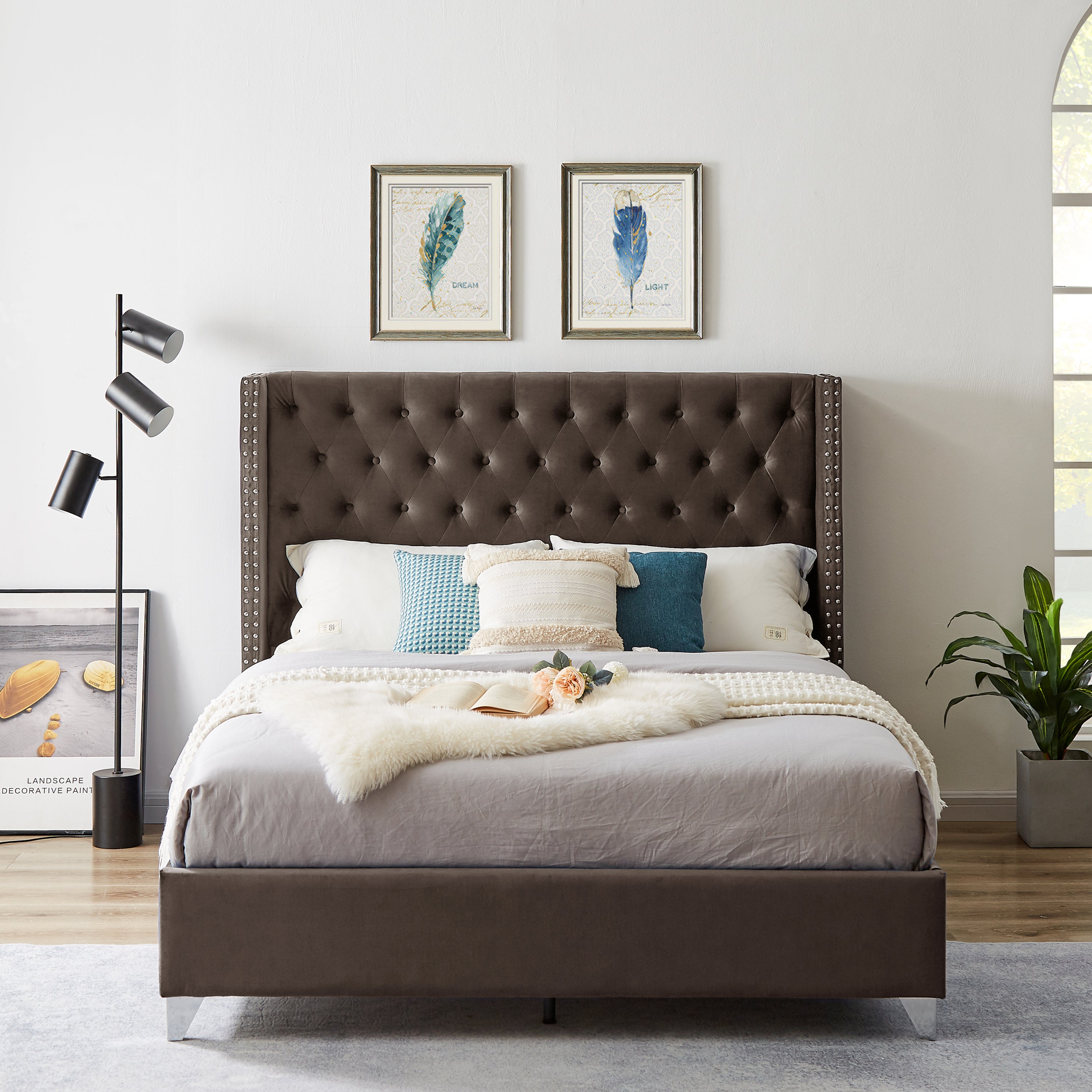 Queen Bed - Button designed Headboard - Brown