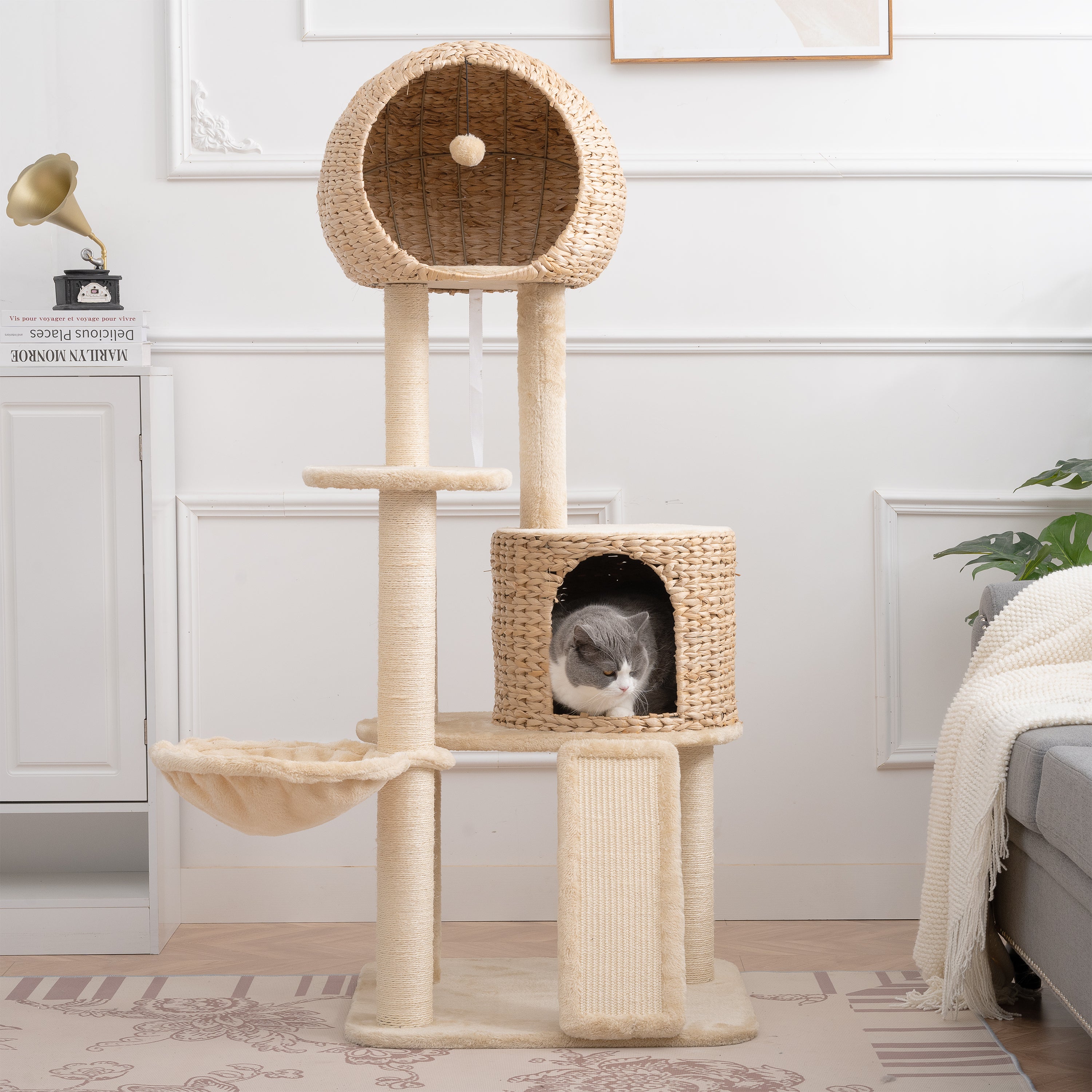 Cat Tree, 59-Inch Cat Tower for Indoor Cats, Plush Multi-Level Cat Condo with 2 Perches, 2 Caves, Cozy Basket and Scratching Board - Beige