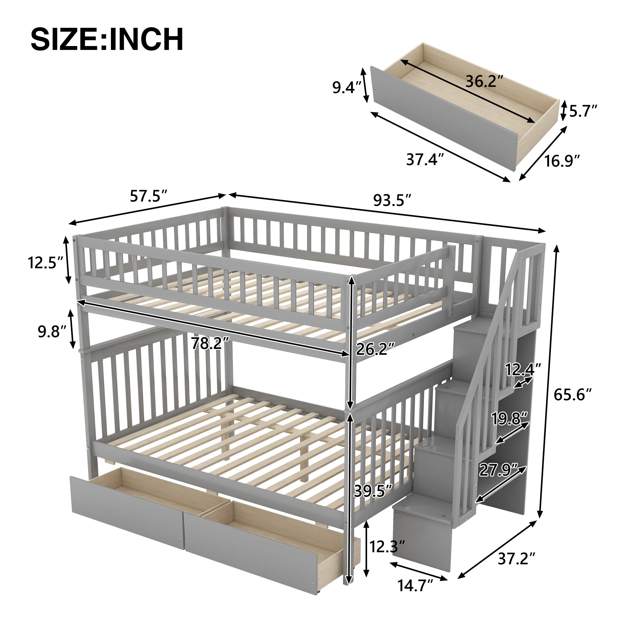 Full over Full Bunk Bed with Two Drawers and Storage - Gray