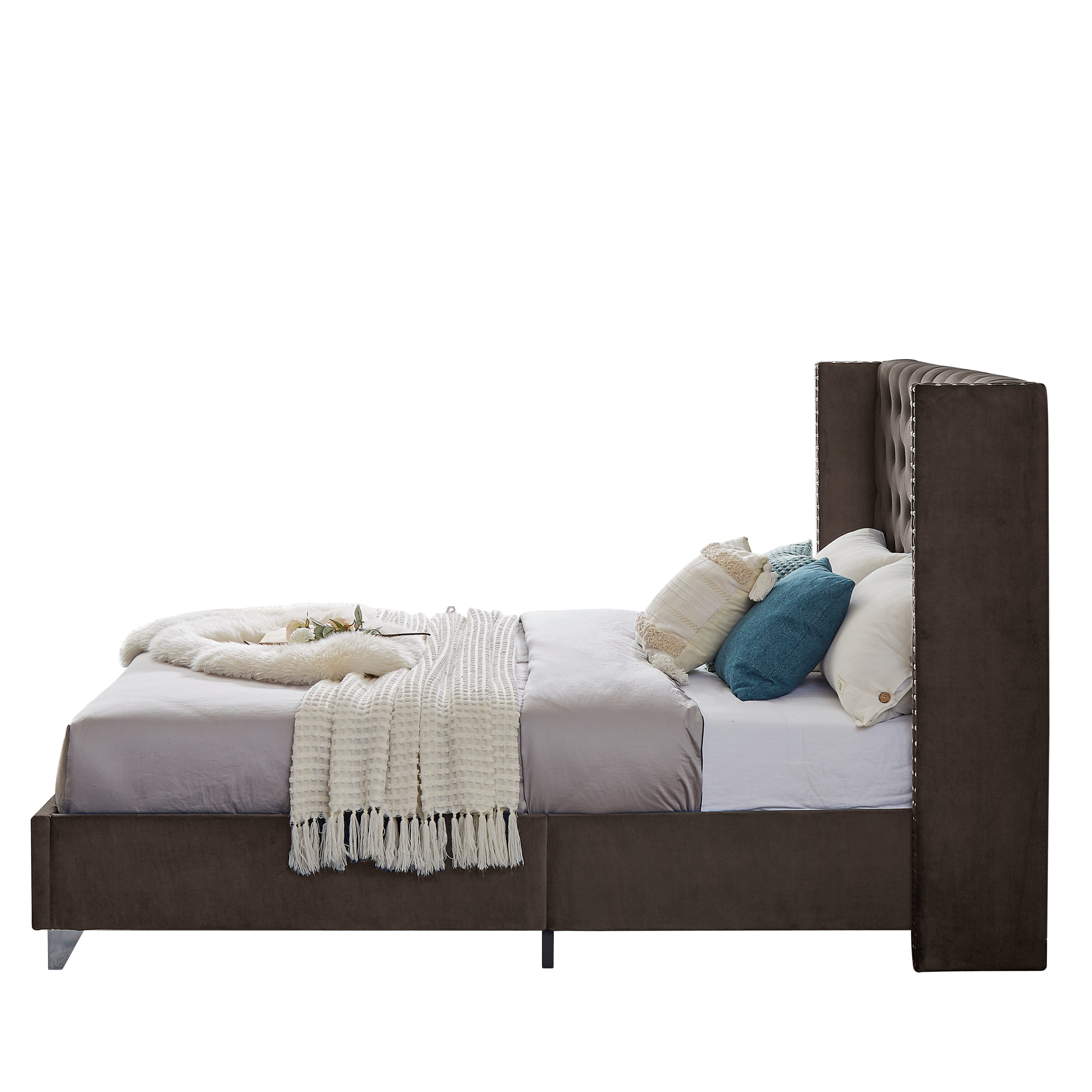 Queen Bed - Button designed Headboard - Brown