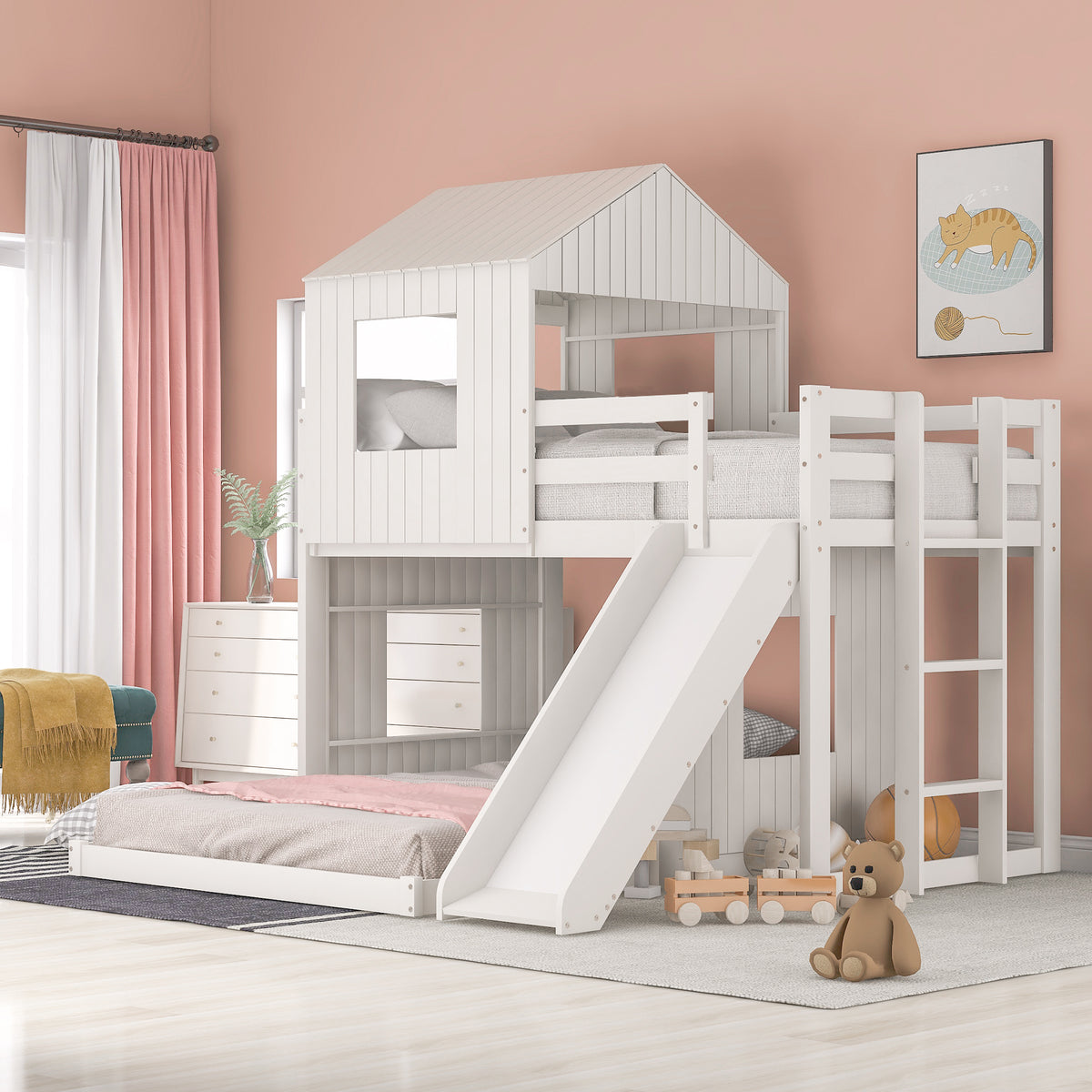 Farmhouse Wooden Twin Over Full Bunk Bed, Loft Bed with Playhouse - White