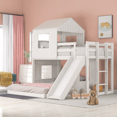 Farmhouse Wooden Twin Over Full Bunk Bed, Loft Bed with Playhouse - White