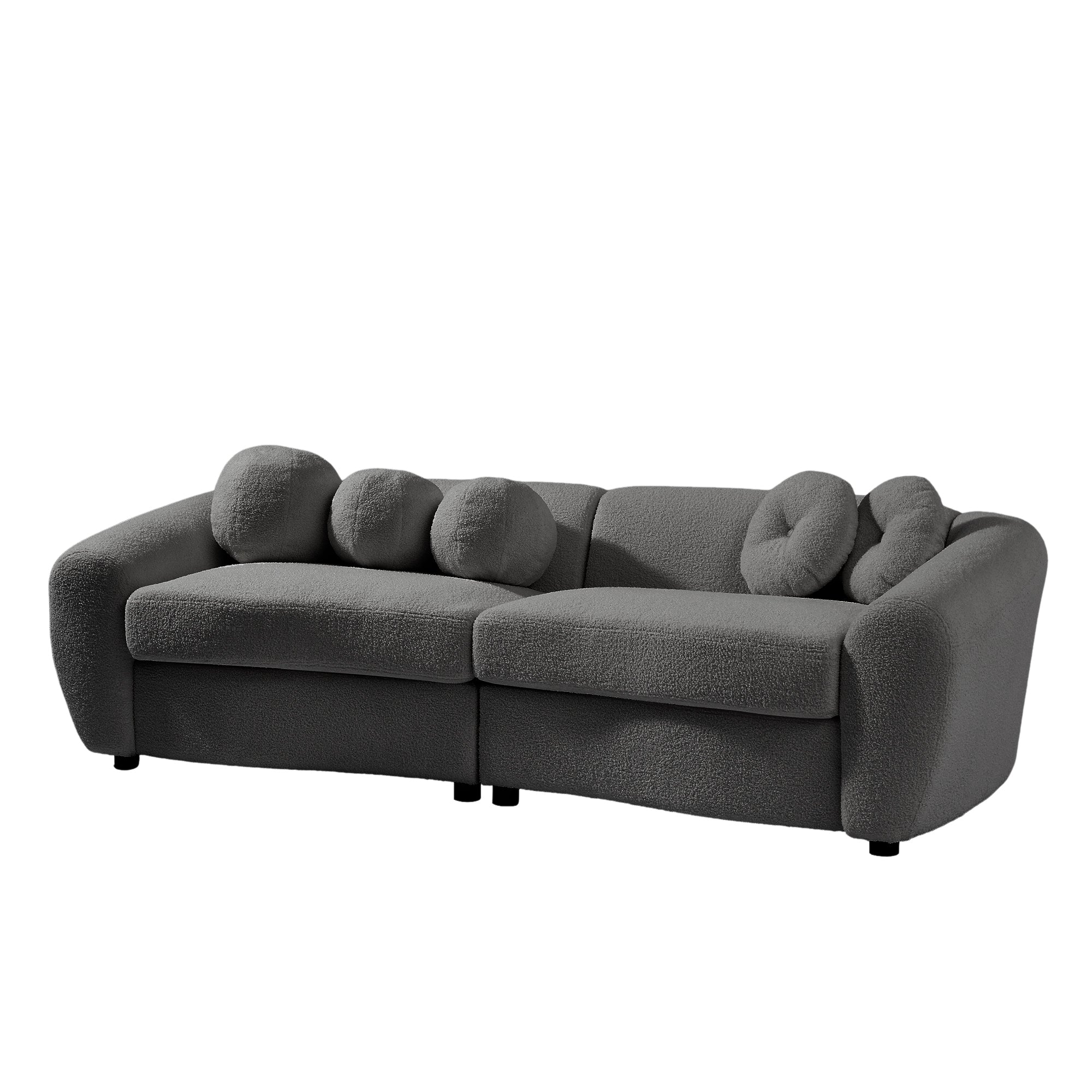 87.7" Modern Curved Sofa, Back Upholstered Couch with 5 Decorative Throw Pillows, Teddy Grey