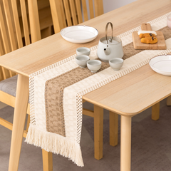 Cotton Linen Knotted Tassel Style Table Runner Diamond Design Tablecloth