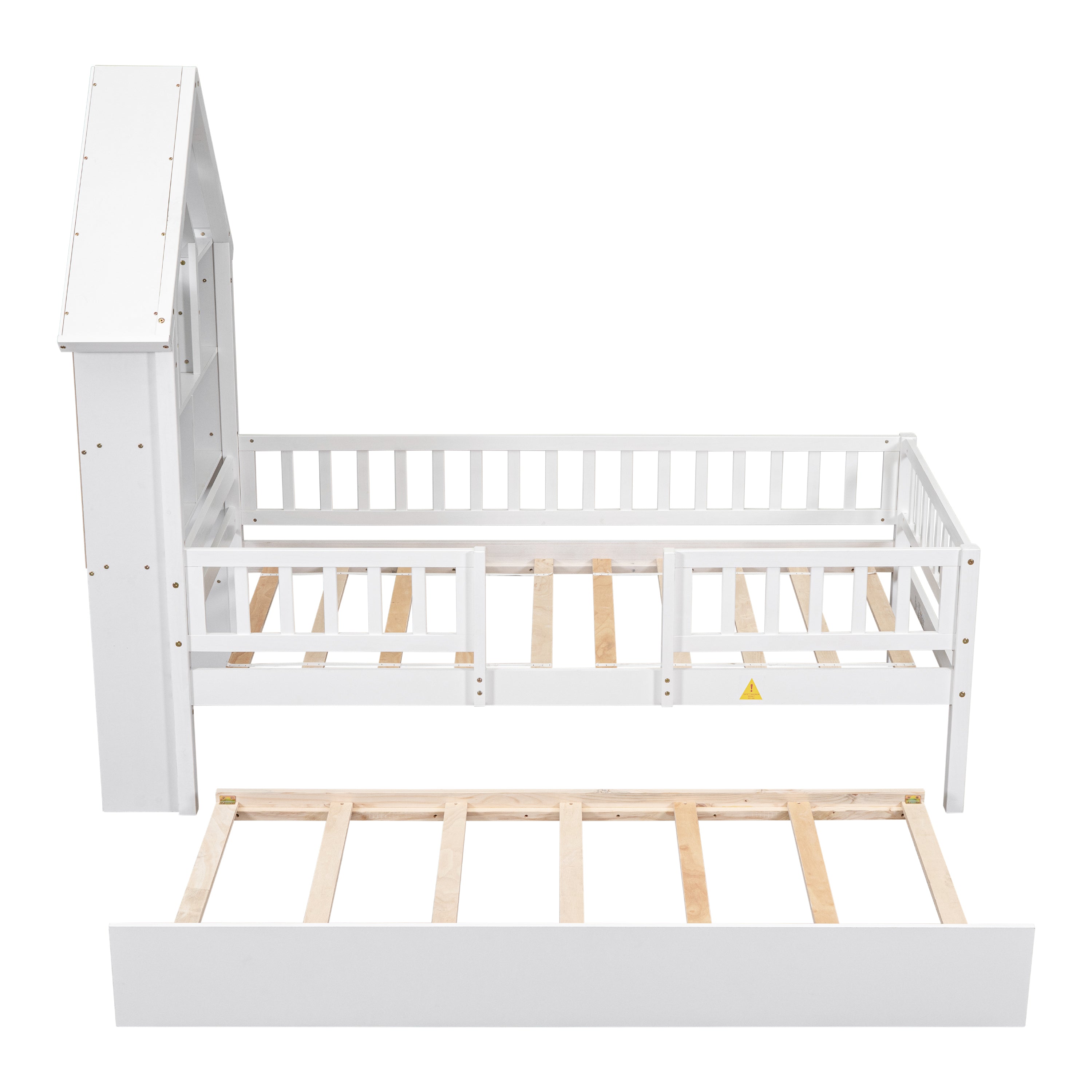 Twin Size DollHouse-Shaped Headboard with Fence Guardrails and Trundle - White