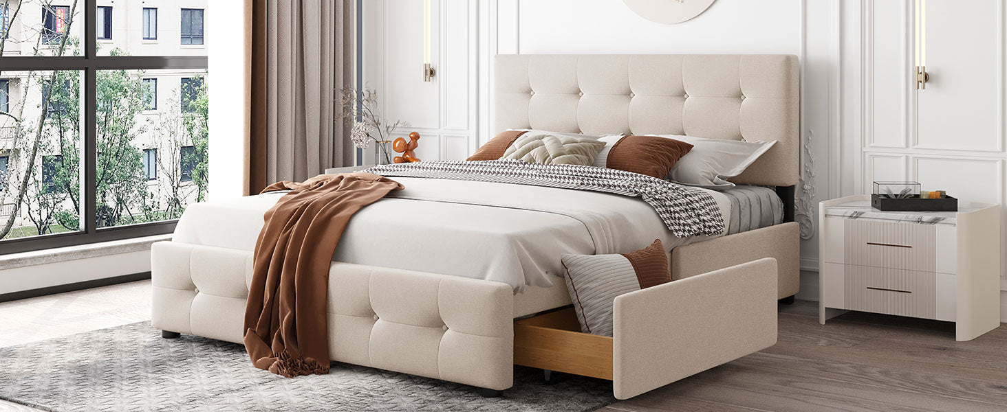 Queen Bed with Classic Headboard and 4 Drawers - Beige