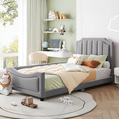 Twin Size Upholstered Daybed with Classic Stripe Shaped  Headboard - Gray