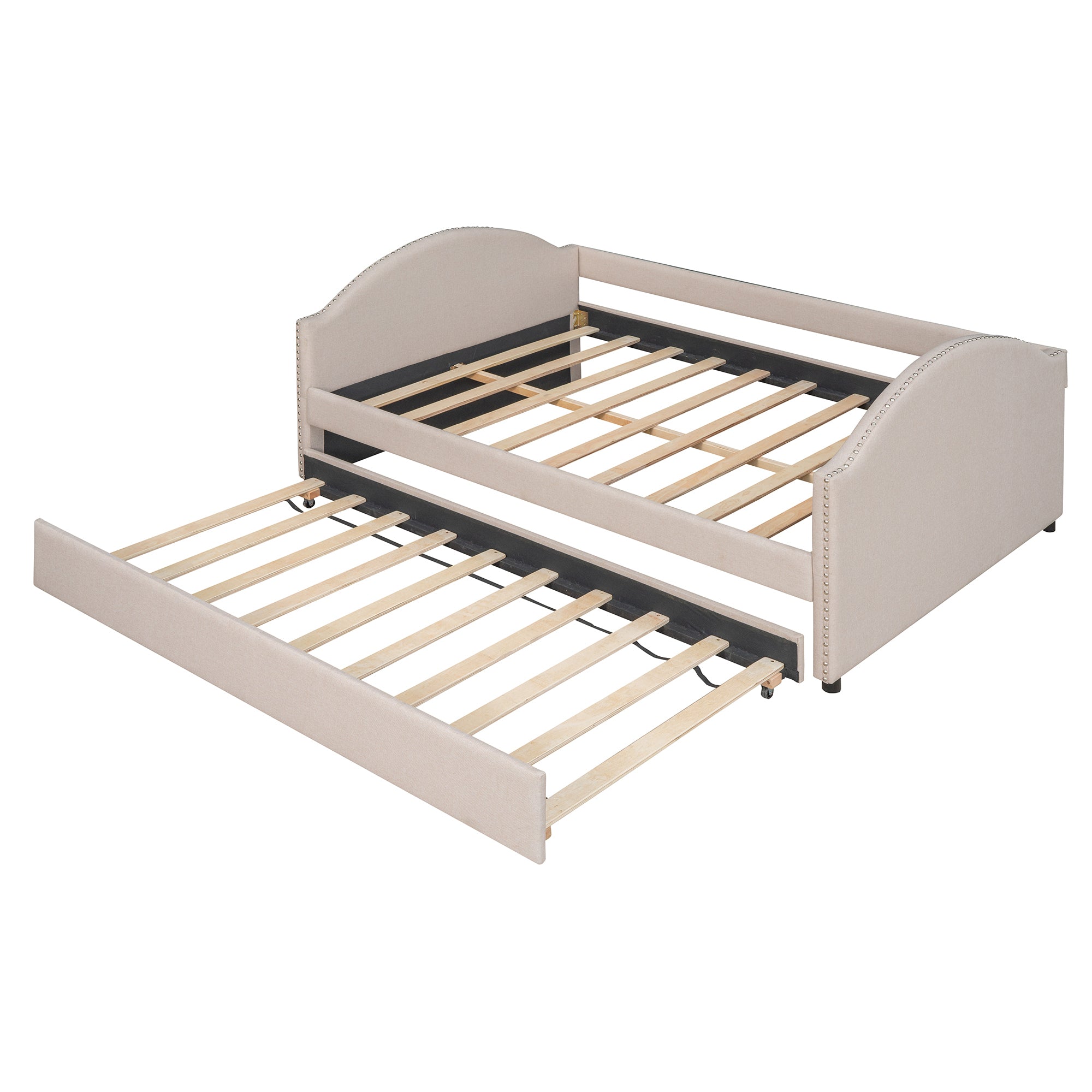 Full Daybed with Twin Size Trundle, Wood Slat Support - Beige