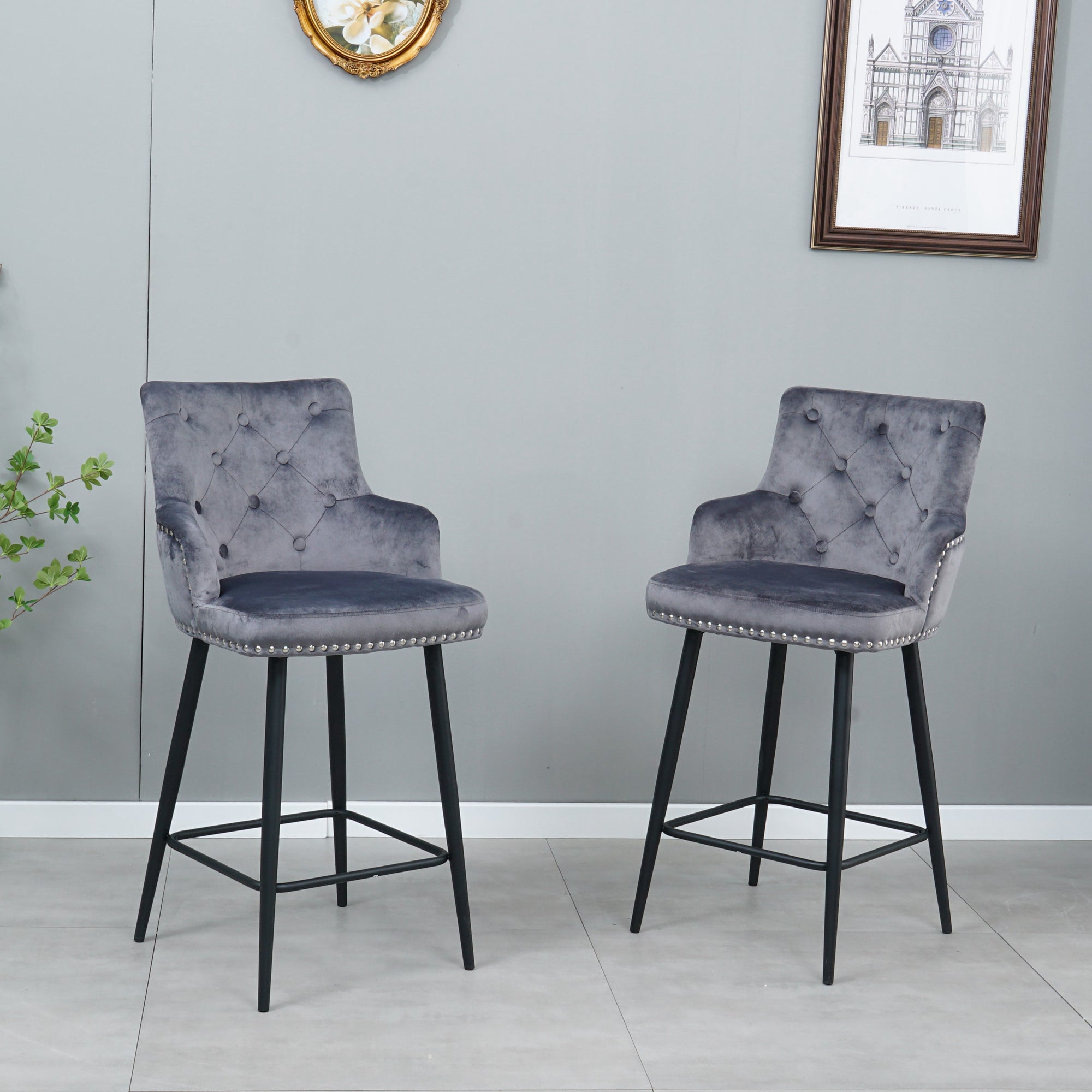 Modern Bar Chair with Armrests and Footrests (Set of 2) - Dark Grey